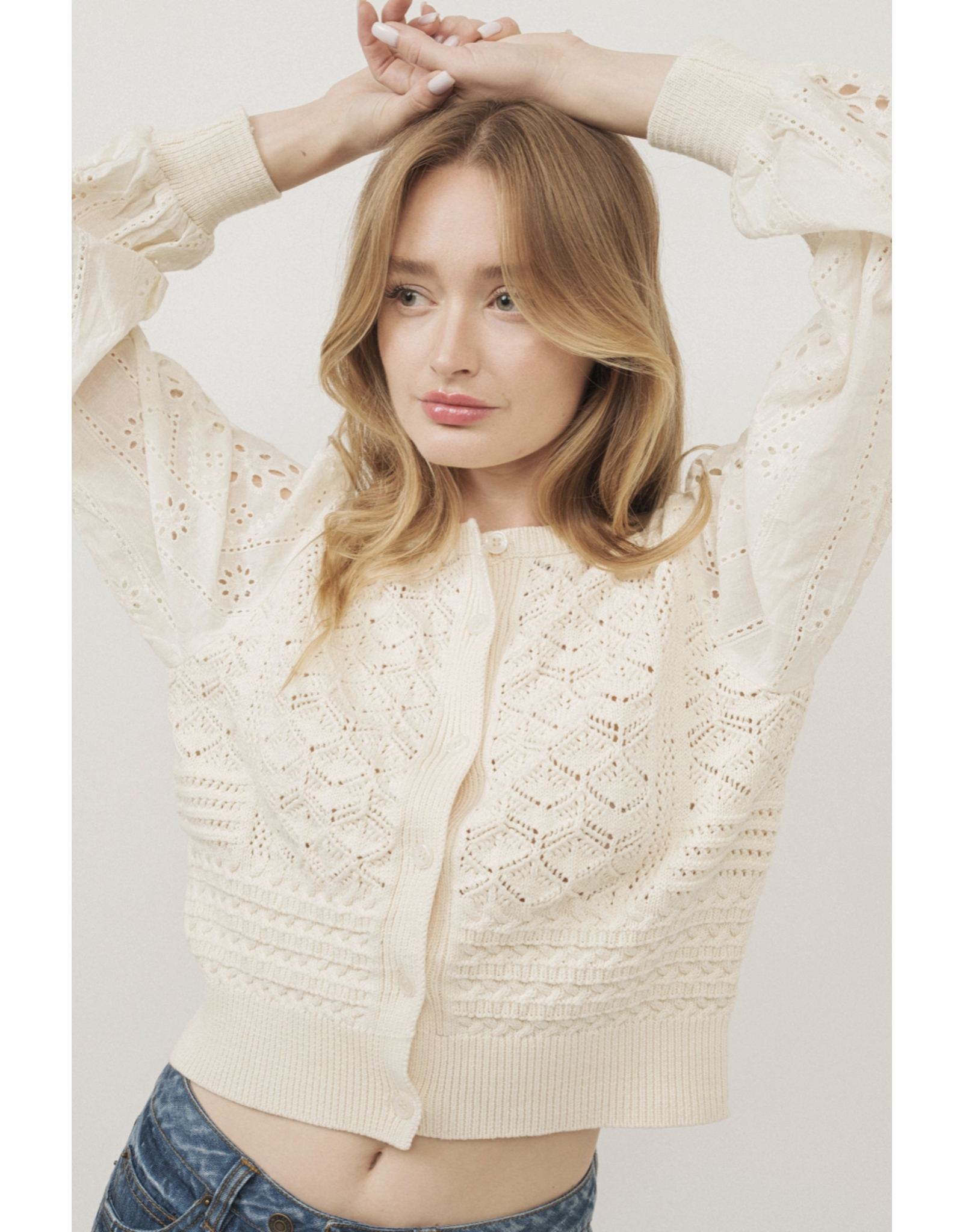Giselle Mixed Knit Long Sleeve Cardigan (Cream) Luna Blue