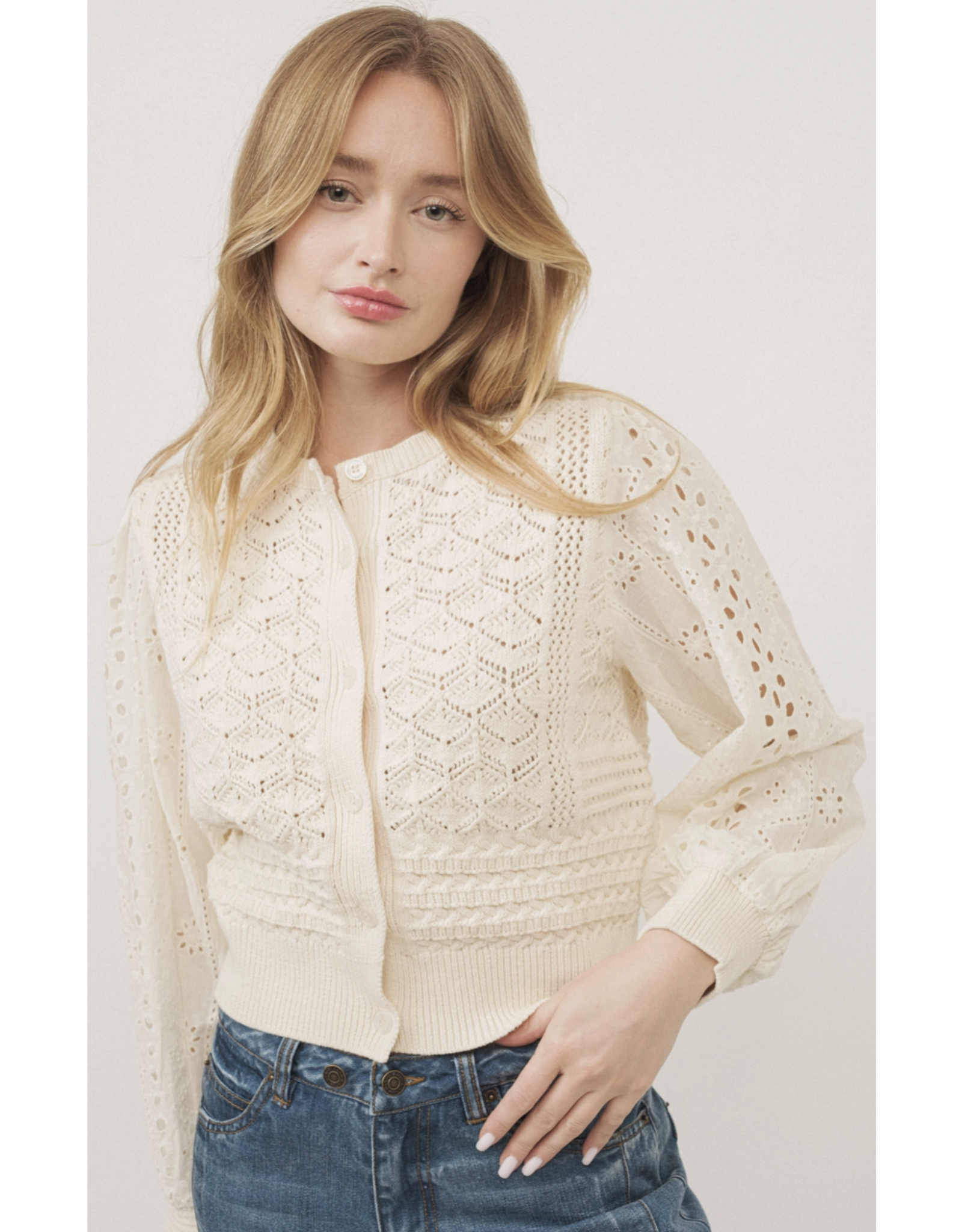 Aaron & Amber Giselle - Mixed Knit Long Sleeve Cardigan (Cream)