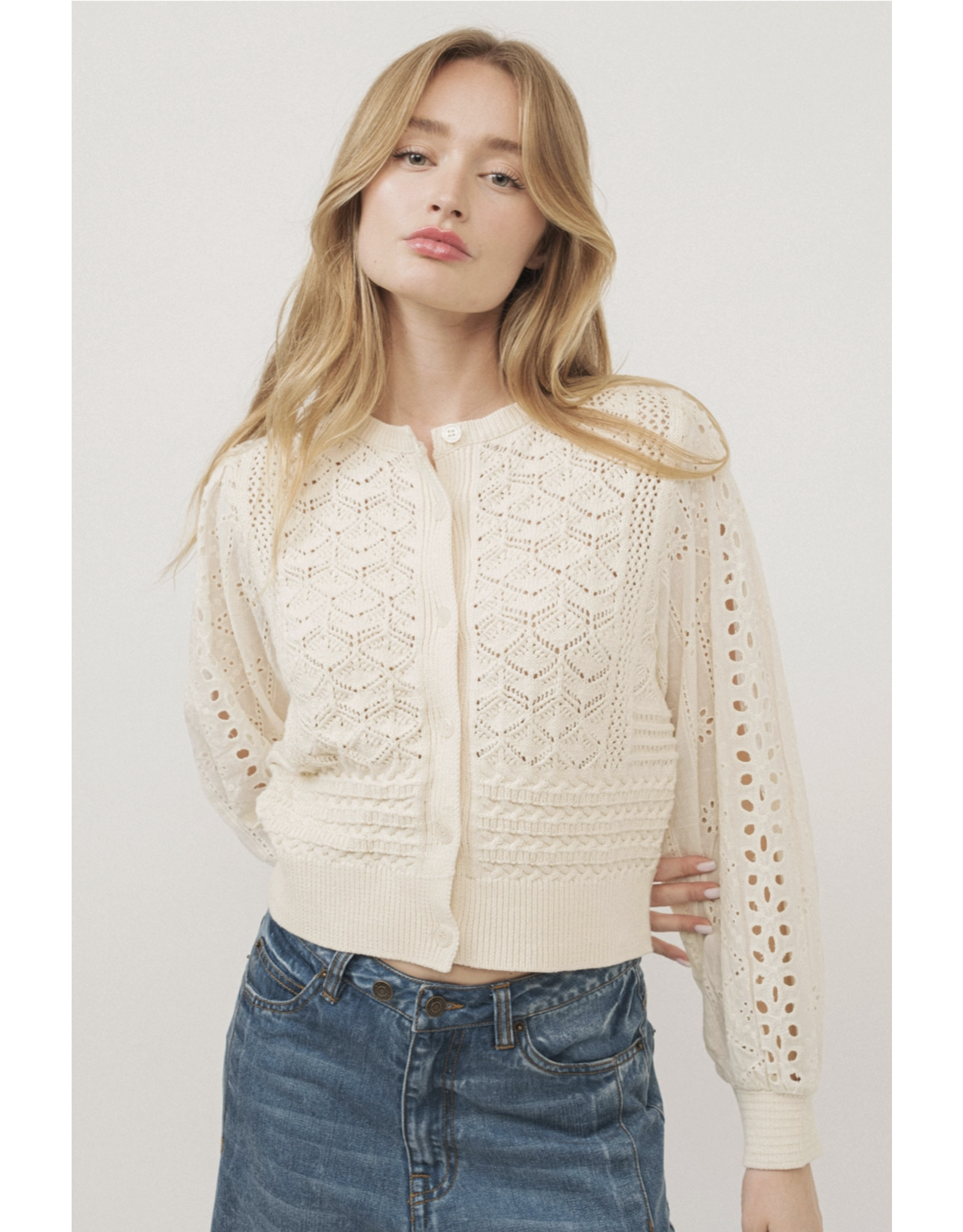 Aaron & Amber Giselle - Mixed Knit Long Sleeve Cardigan (Cream)