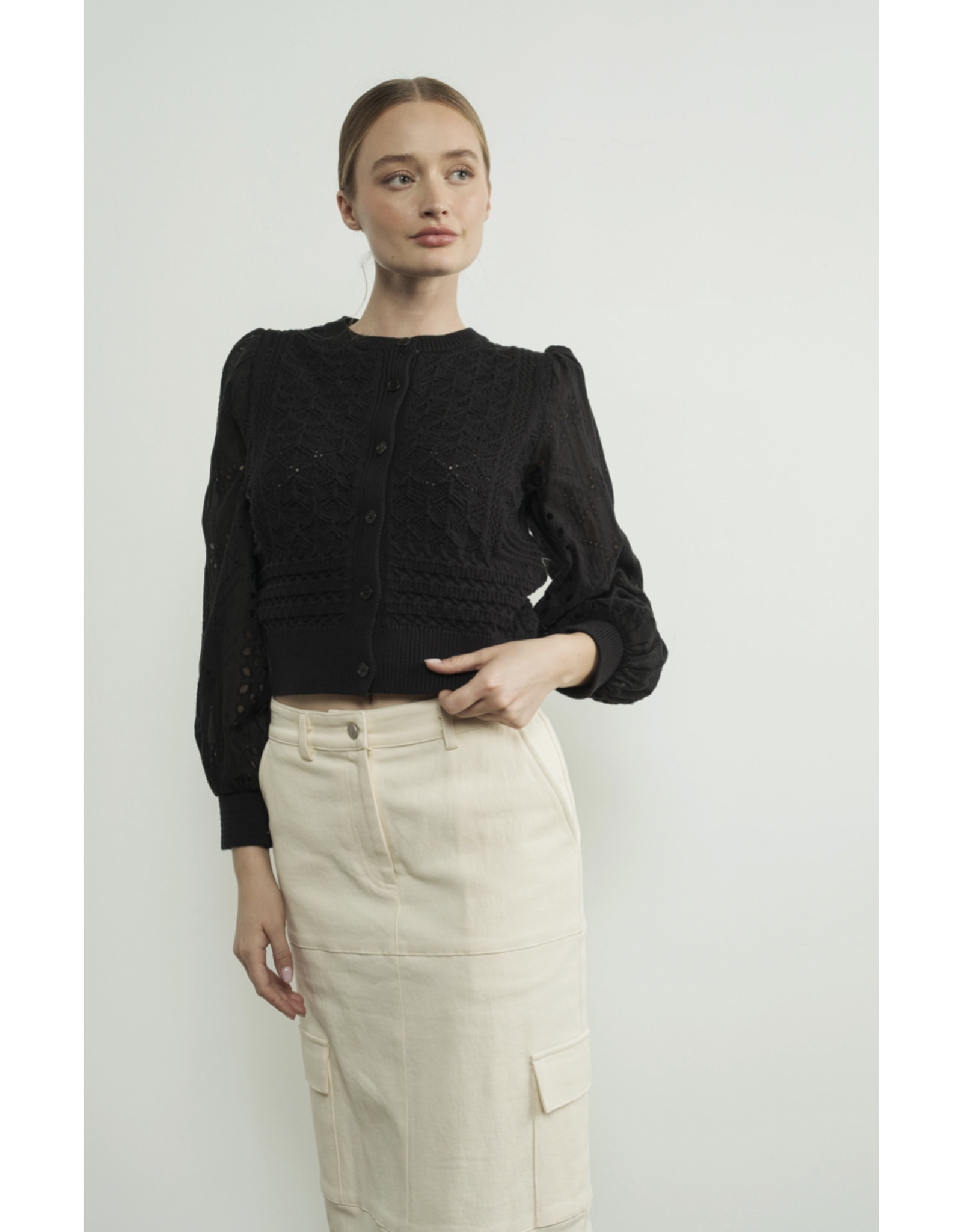 Giselle Mixed Knit Long Sleeve Cardigan (Black) Luna Blue