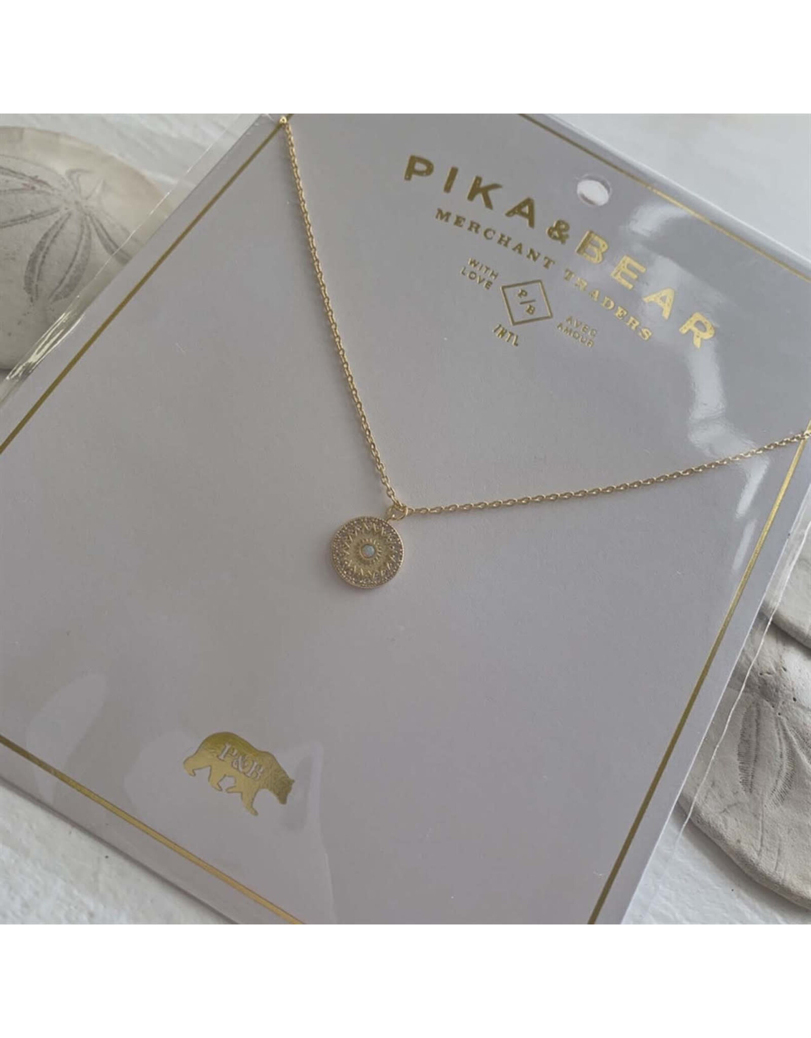 Pika & Bear Pika & Bear - "Rose Window" Ornate Round Charm with Opal Necklace in Gold