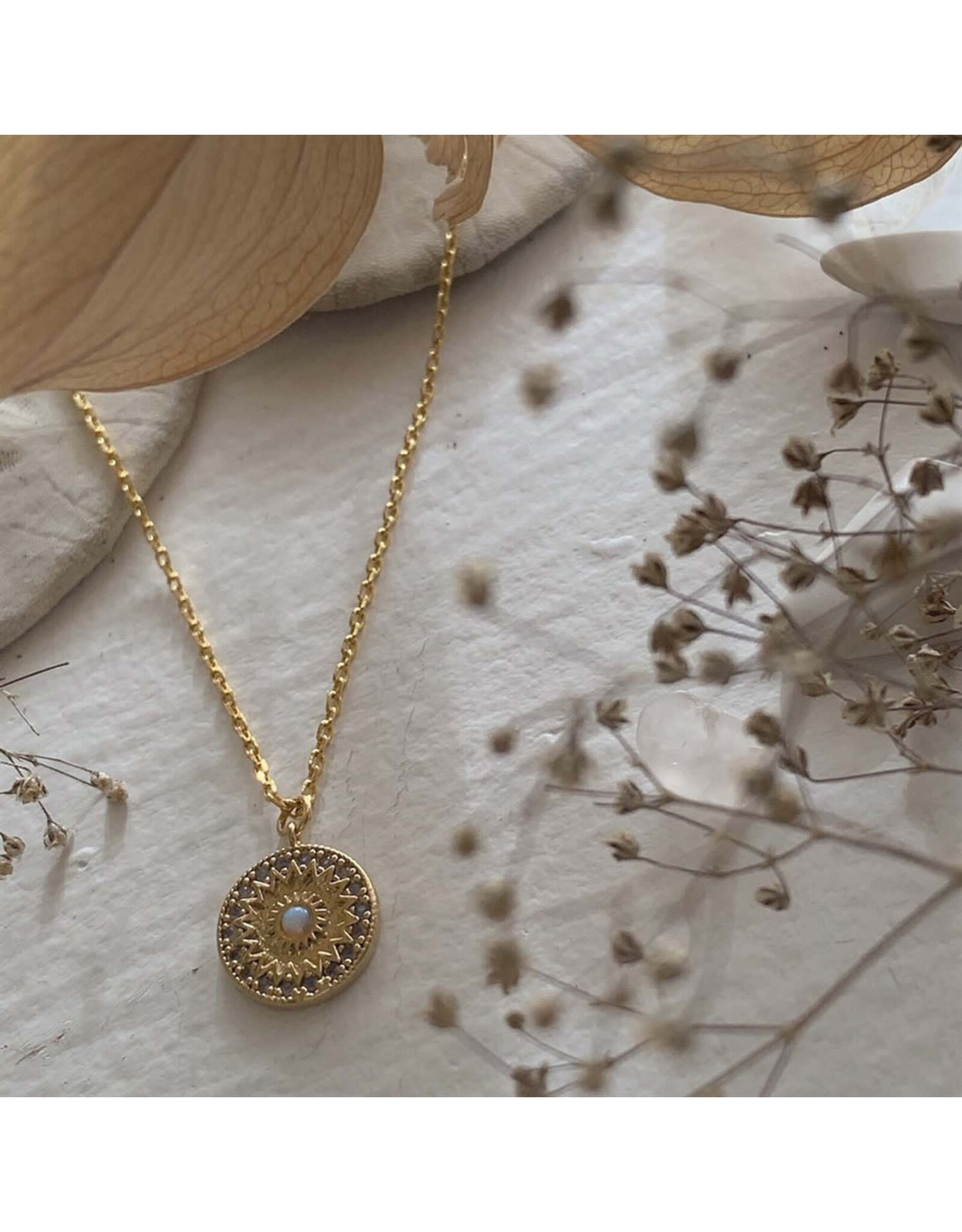 Pika & Bear Pika & Bear - "Rose Window" Ornate Round Charm with Opal Necklace in Gold