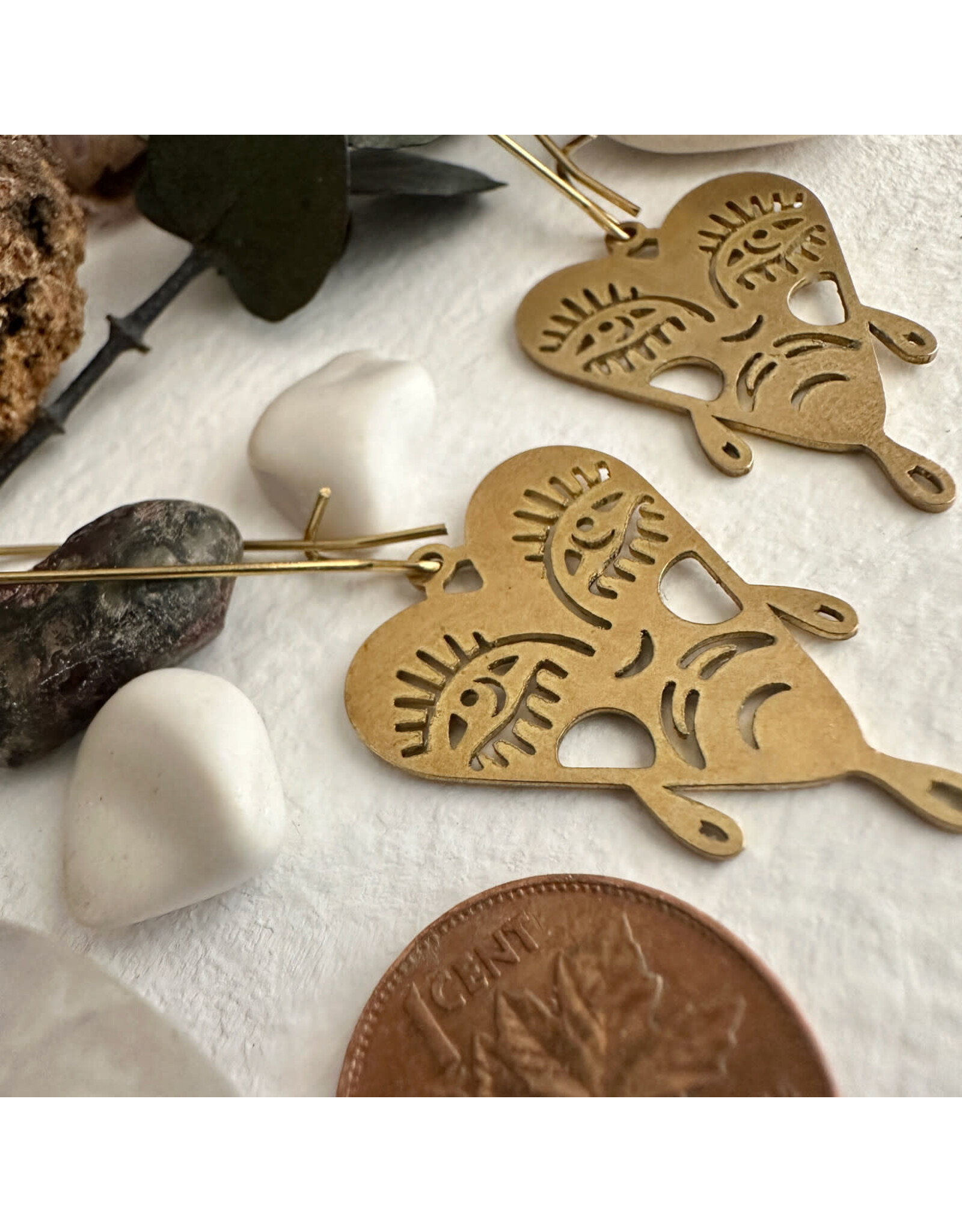 Pika & Bear Pika & Bear - "Boulevard of Broken Dreams" Raw Brass Crying Heart Face Drop Earrings