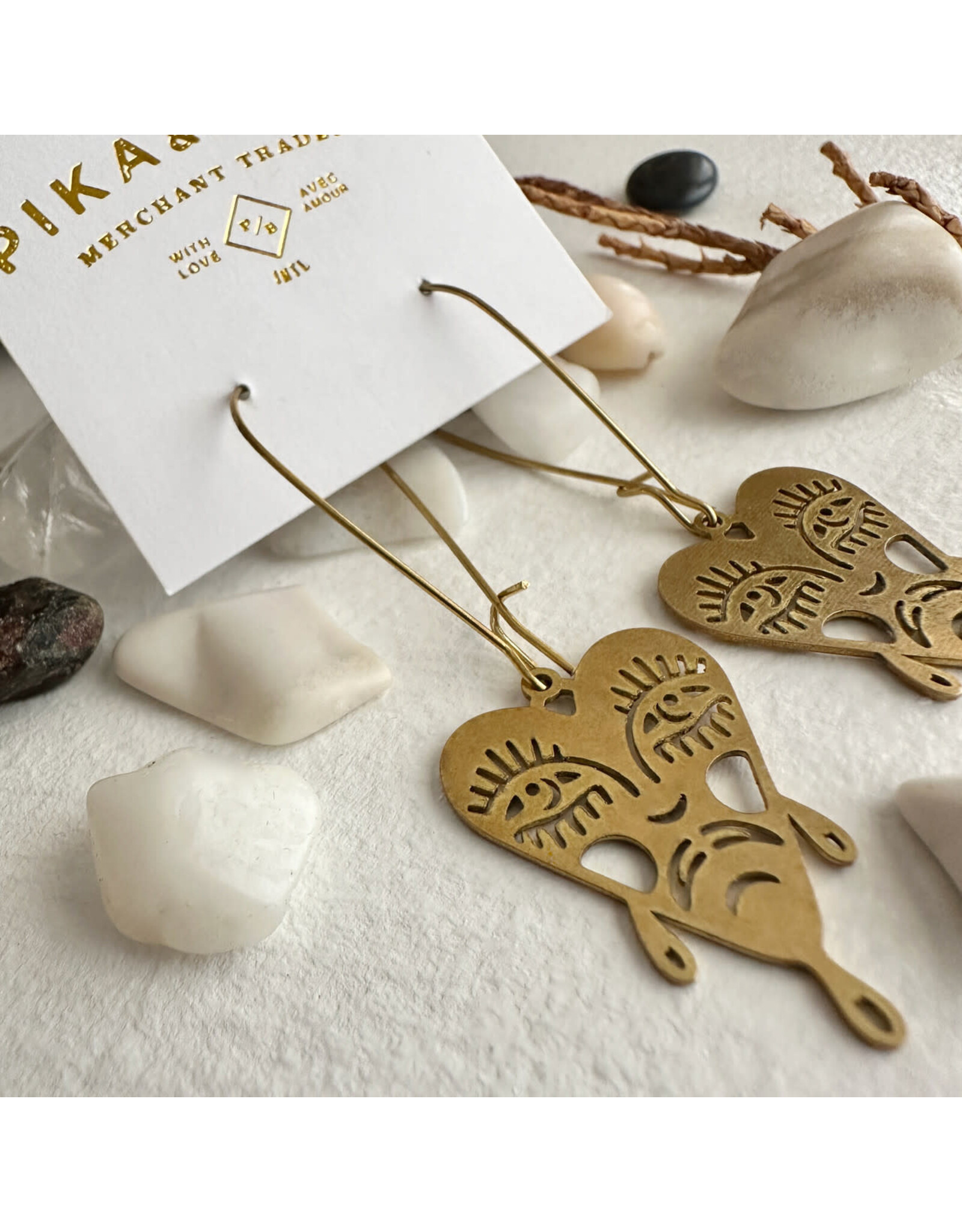 Pika & Bear Pika & Bear - "Boulevard of Broken Dreams" Raw Brass Crying Heart Face Drop Earrings
