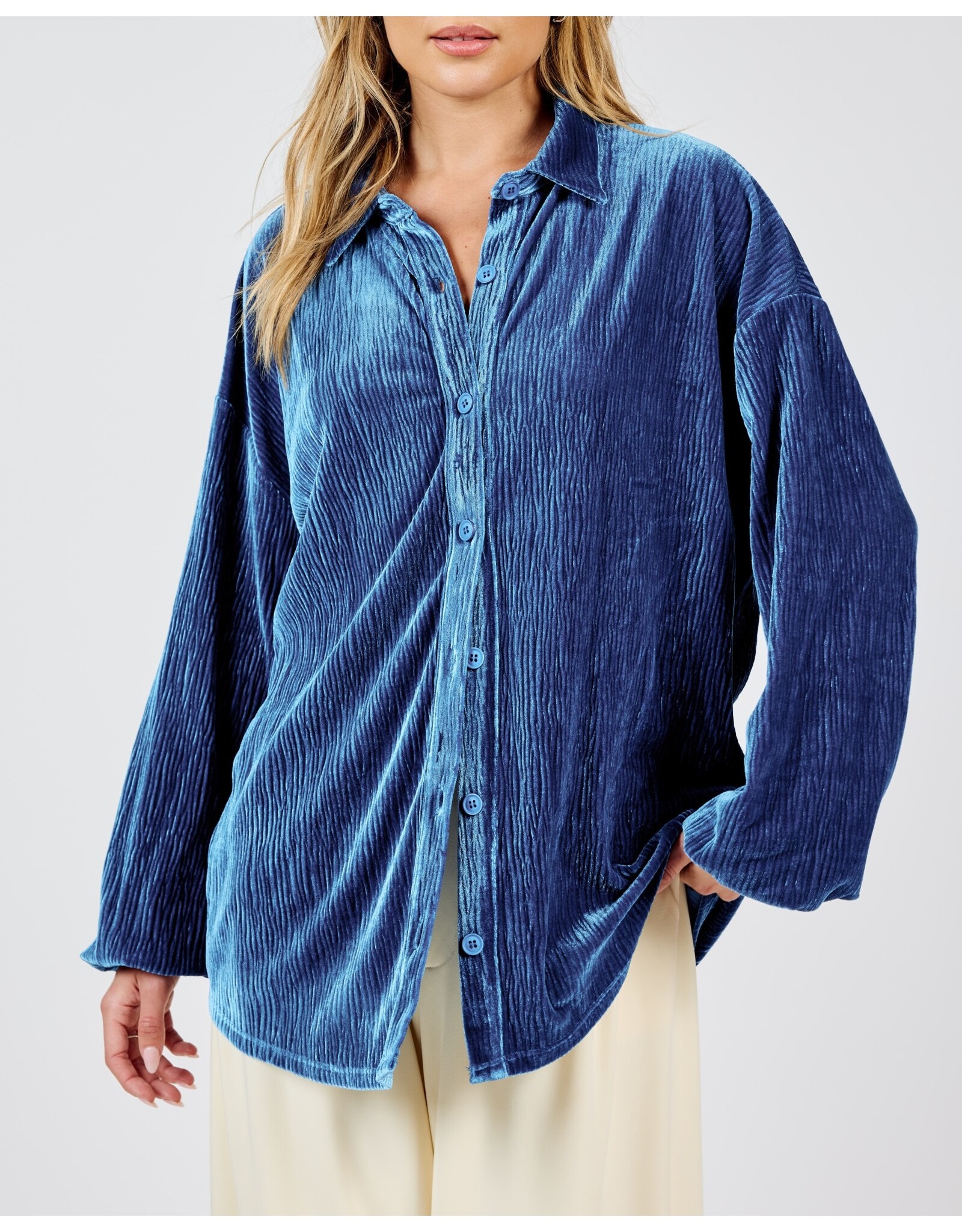 Sadie & Sage Sadie & Sage - Lorelai Button Up Pleated Velvet Top (Blue)