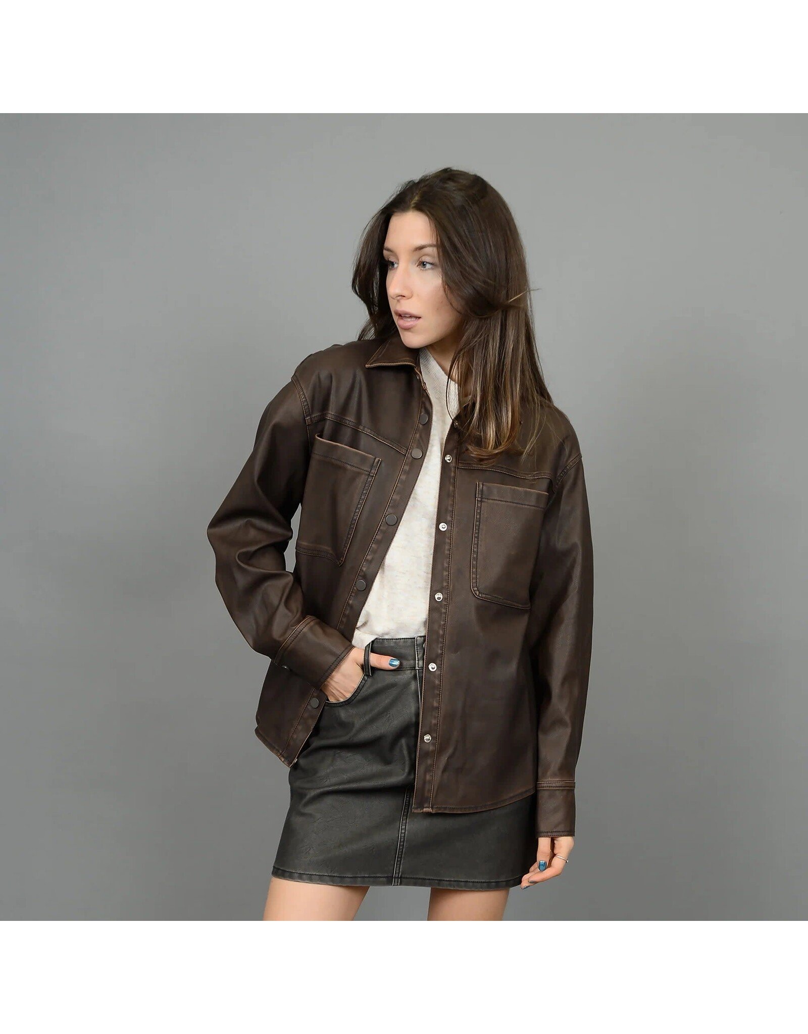 RD Style RD Style - Aliska Distressed Faux Leather Shirt Jacket (Fossil)