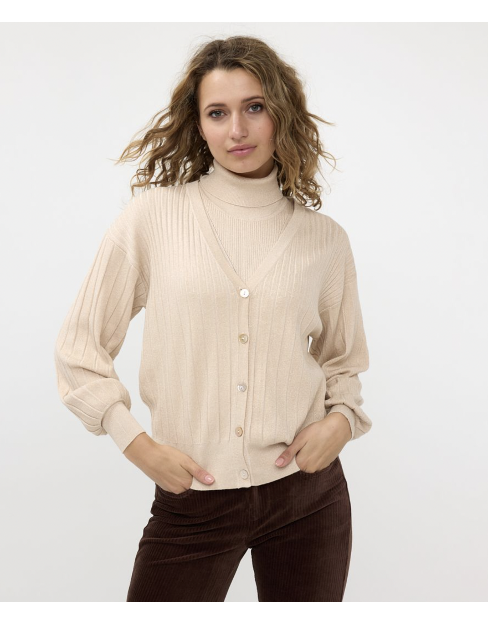 EsQualo EsQualo - Ribbed Lurex Cardigan (Light Sand)