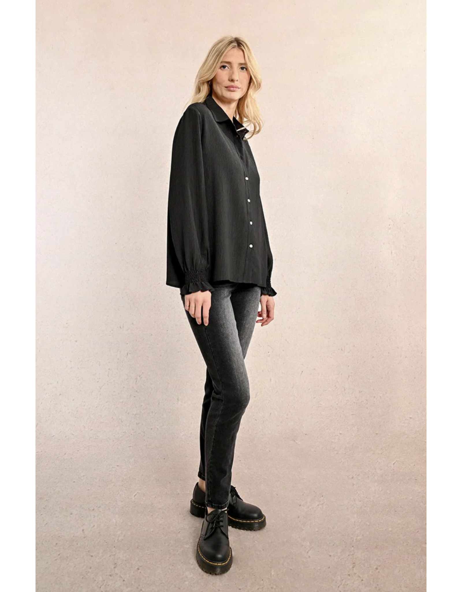Molly Bracken Molly Bracken - Long Sleeve Blouse with Smocked Cuffs (Black)