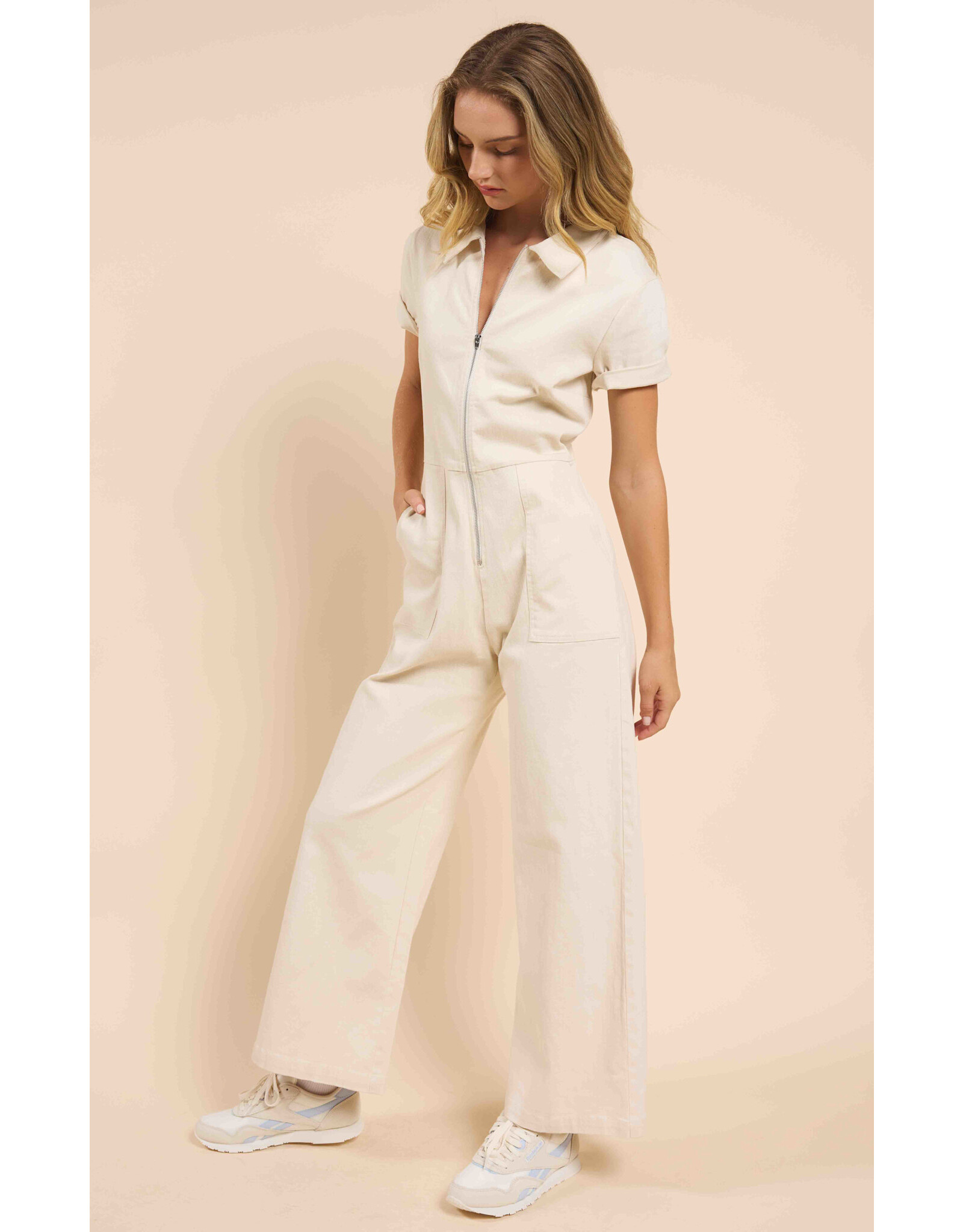 Sadie & Sage Sadie & Sage - Clear Eyes Denim Zip Up Jumpsuit (Cream)