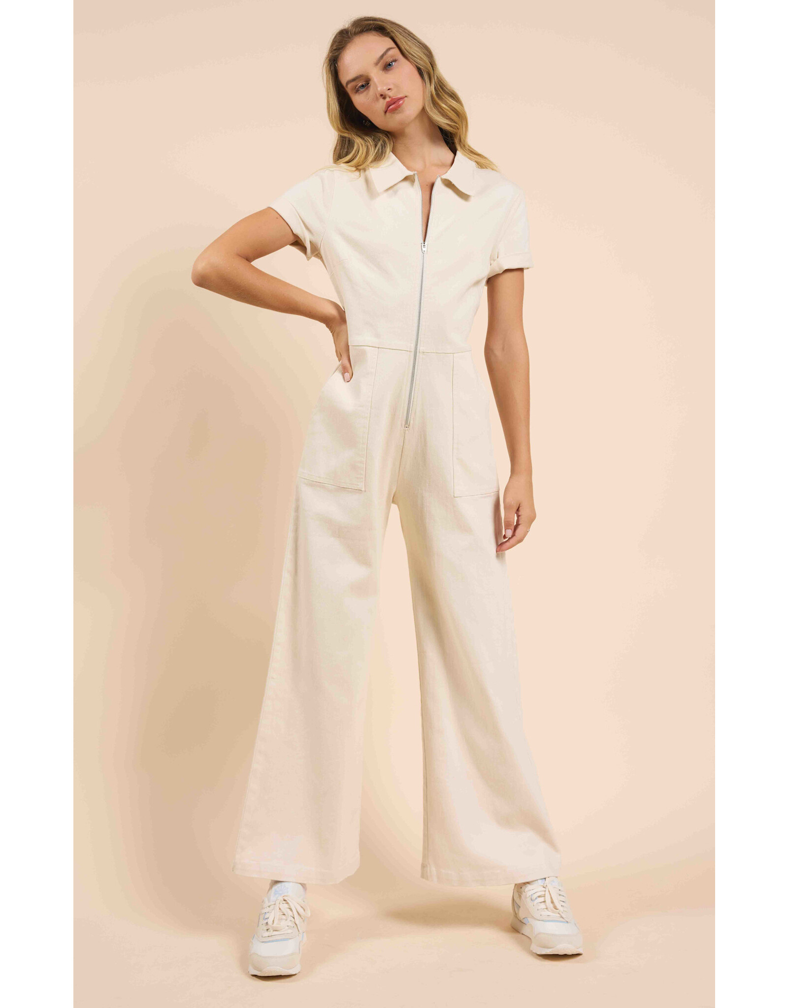 Sadie & Sage Sadie & Sage - Clear Eyes Denim Zip Up Jumpsuit (Cream)