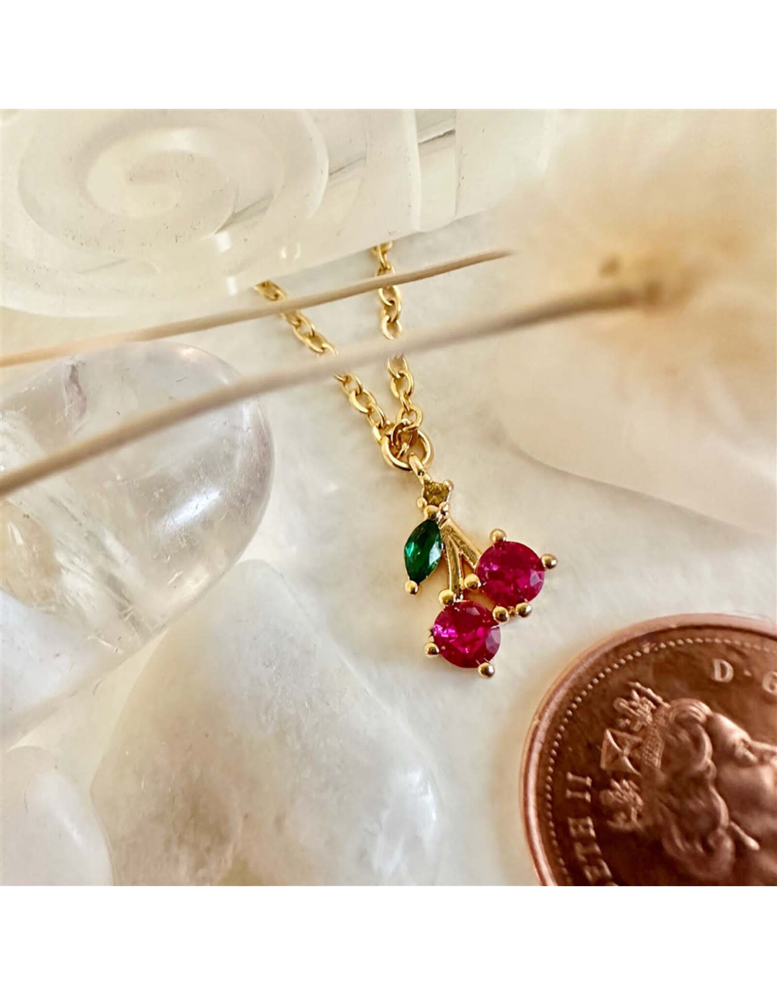 Pika & Bear Pika & Bear - "Pomona" Tiny Rhinestone Cherry Charm Necklace