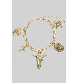 Fame Accessories Western Bull Bow Charm Chain Bracelet (Gold / Turquoise)