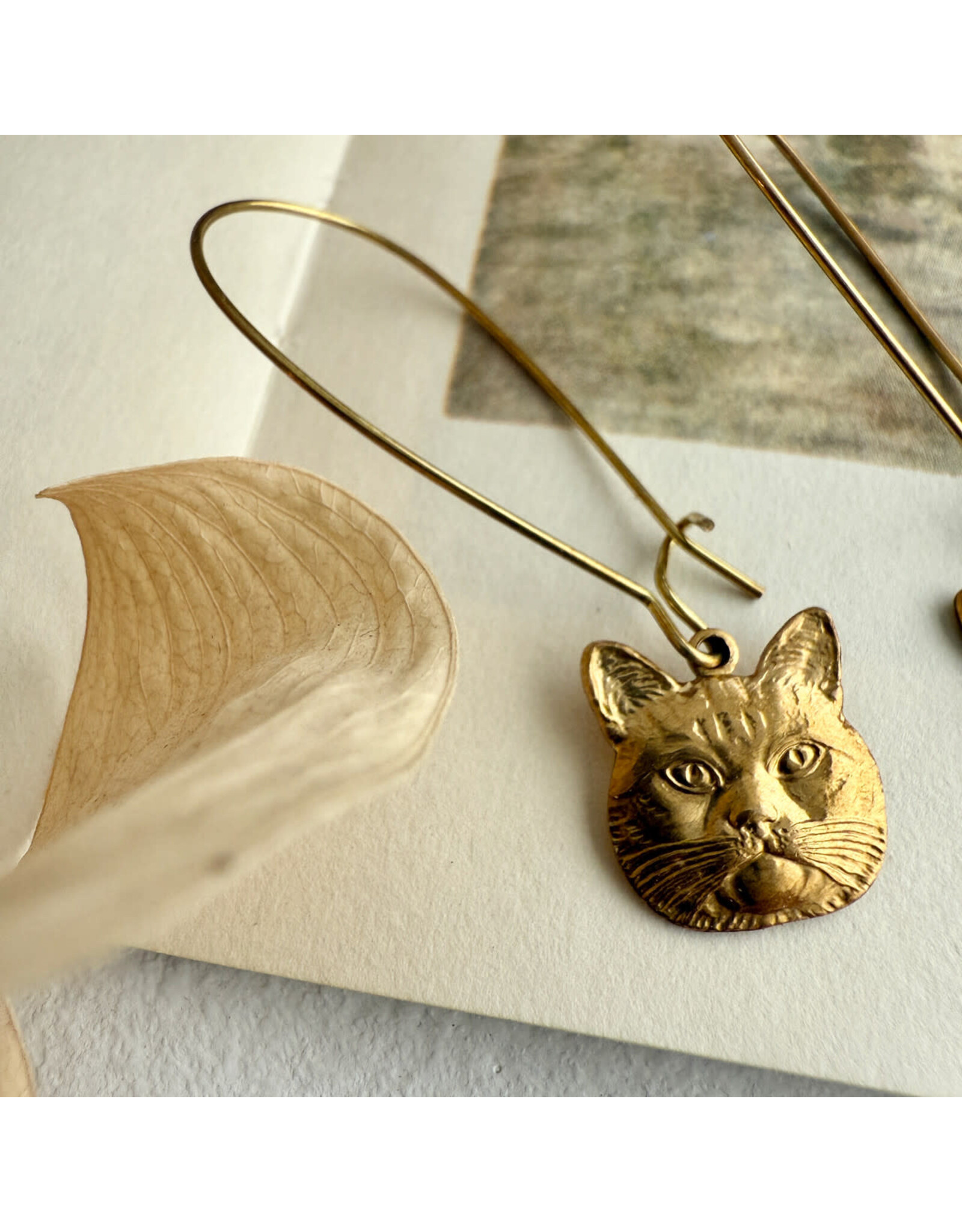 Pika & Bear Pika & Bear - "Miser" Raw Brass Cat Face Drop Earrings