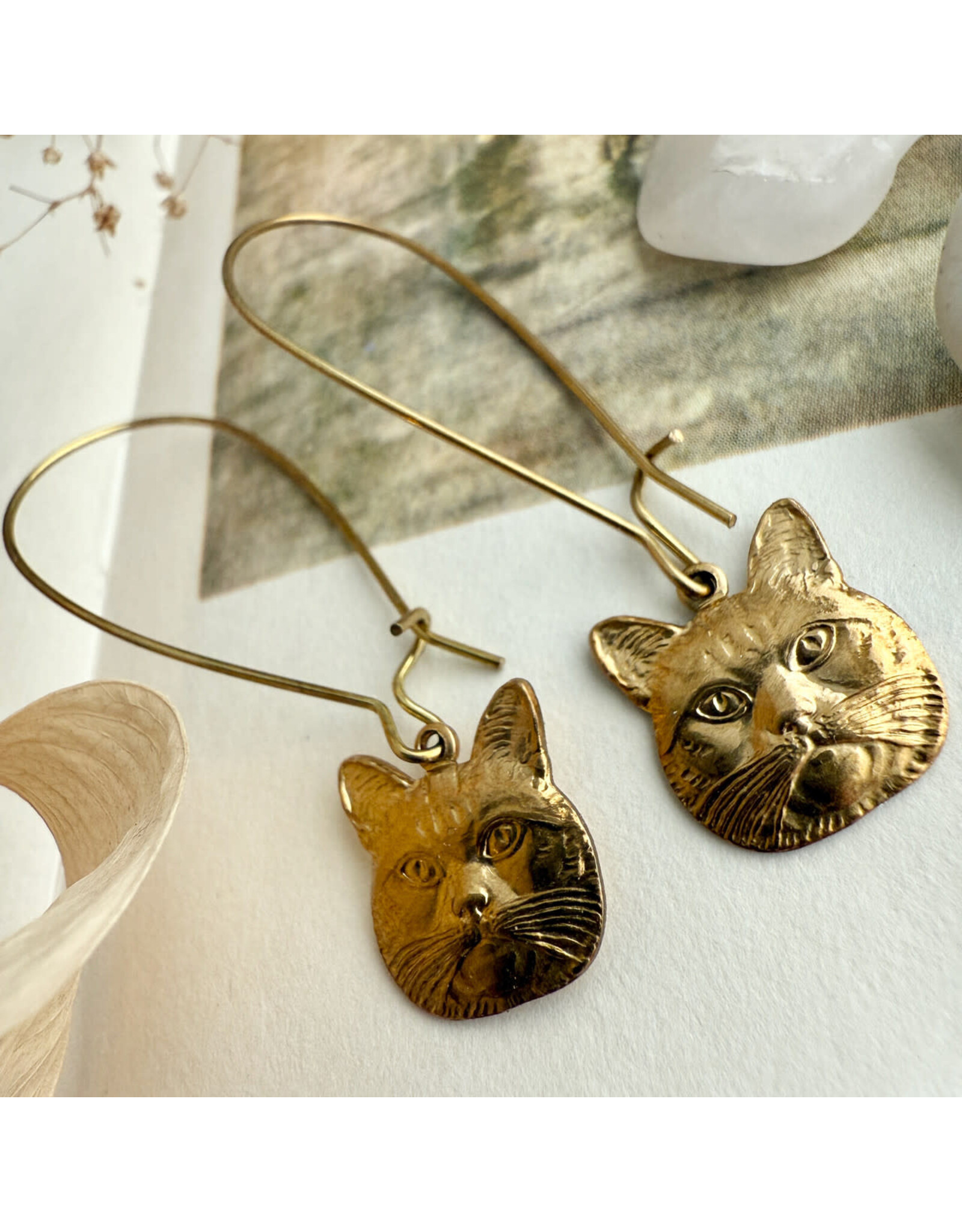 Pika & Bear Pika & Bear - "Miser" Raw Brass Cat Face Drop Earrings