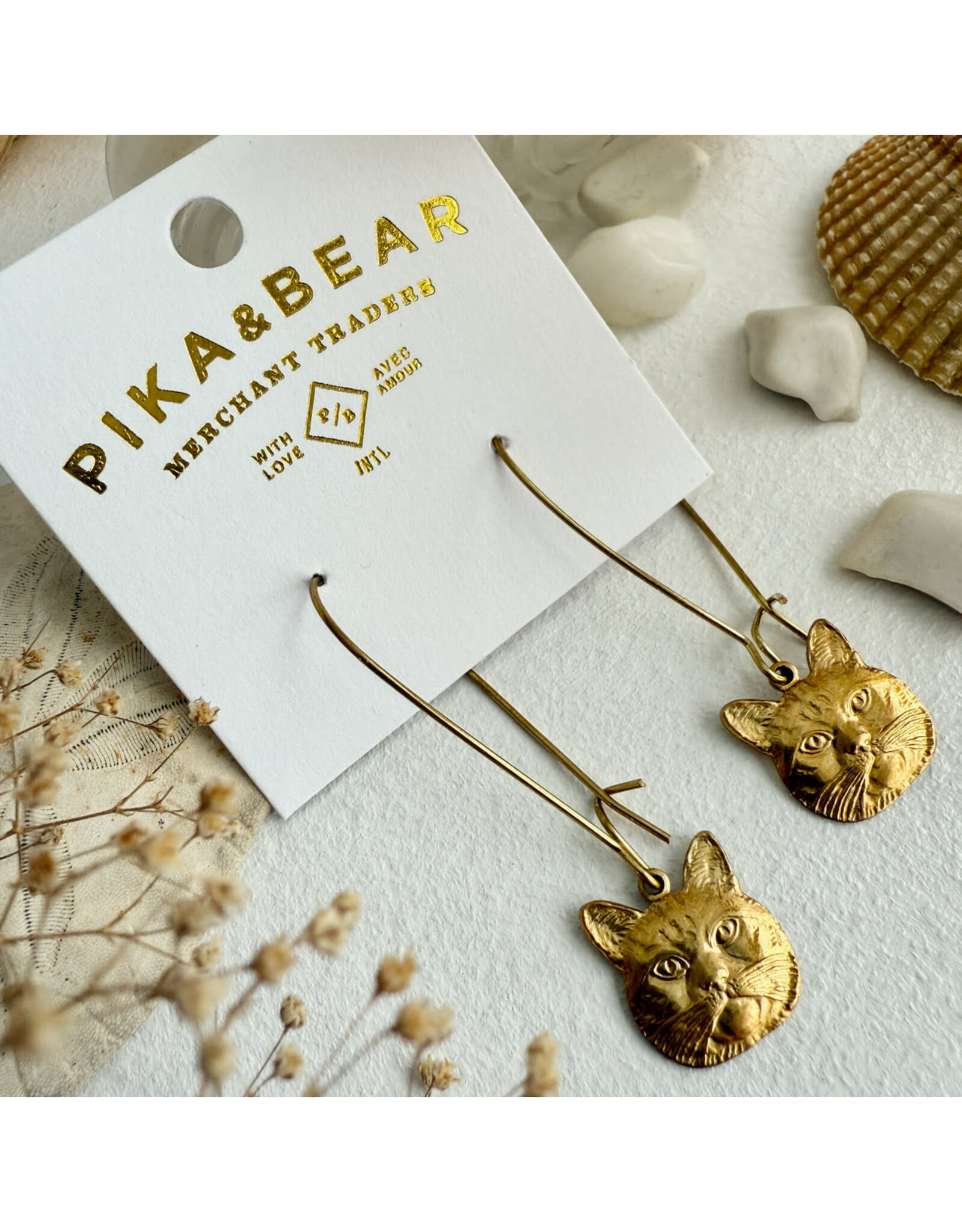 Pika & Bear Pika & Bear - "Miser" Raw Brass Cat Face Drop Earrings