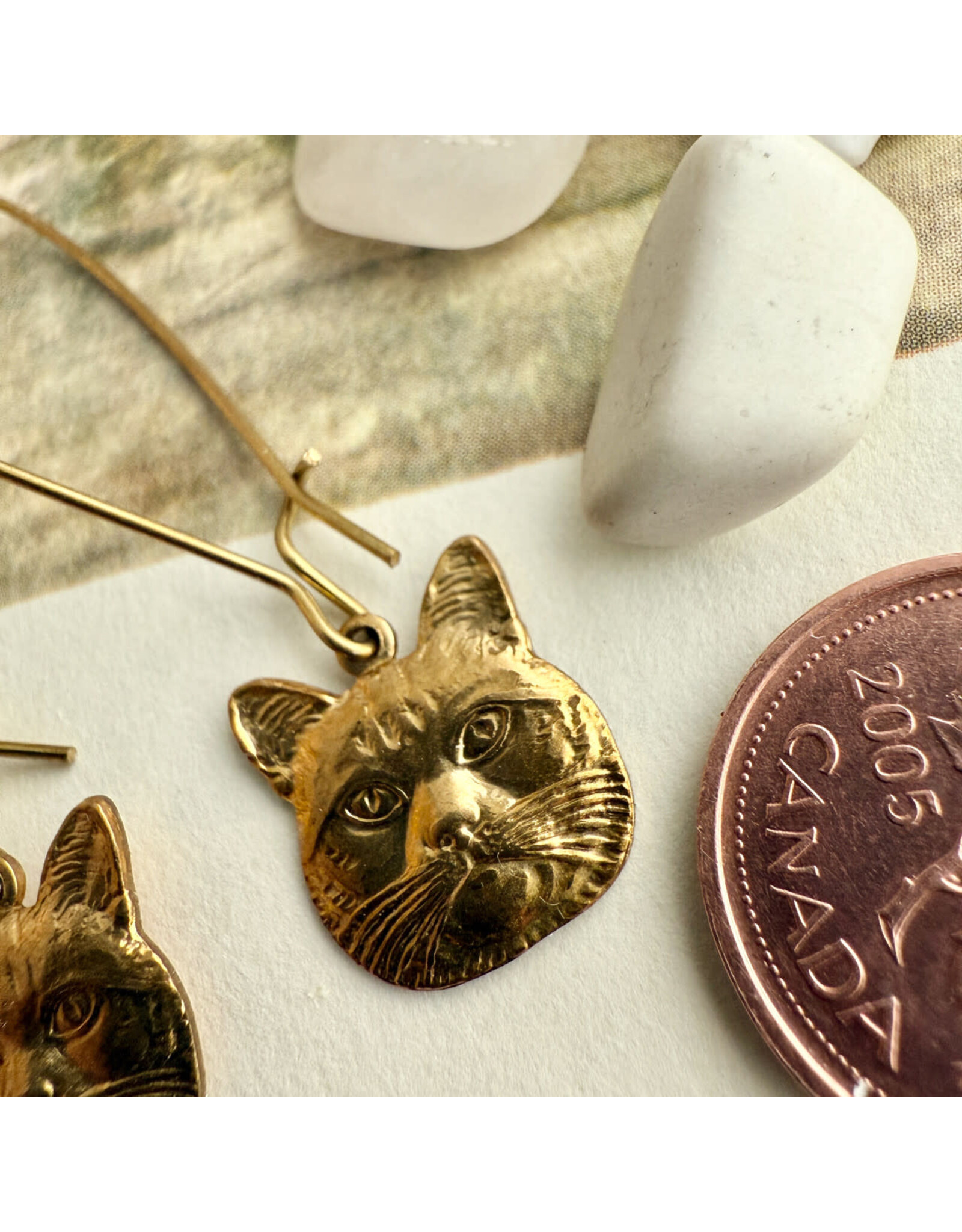 Pika & Bear Pika & Bear - "Miser" Raw Brass Cat Face Drop Earrings