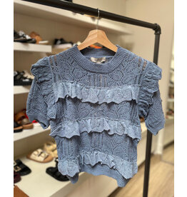 Astrid Astrid - Crochet Ruffle Short Sleeve Top (Blue)