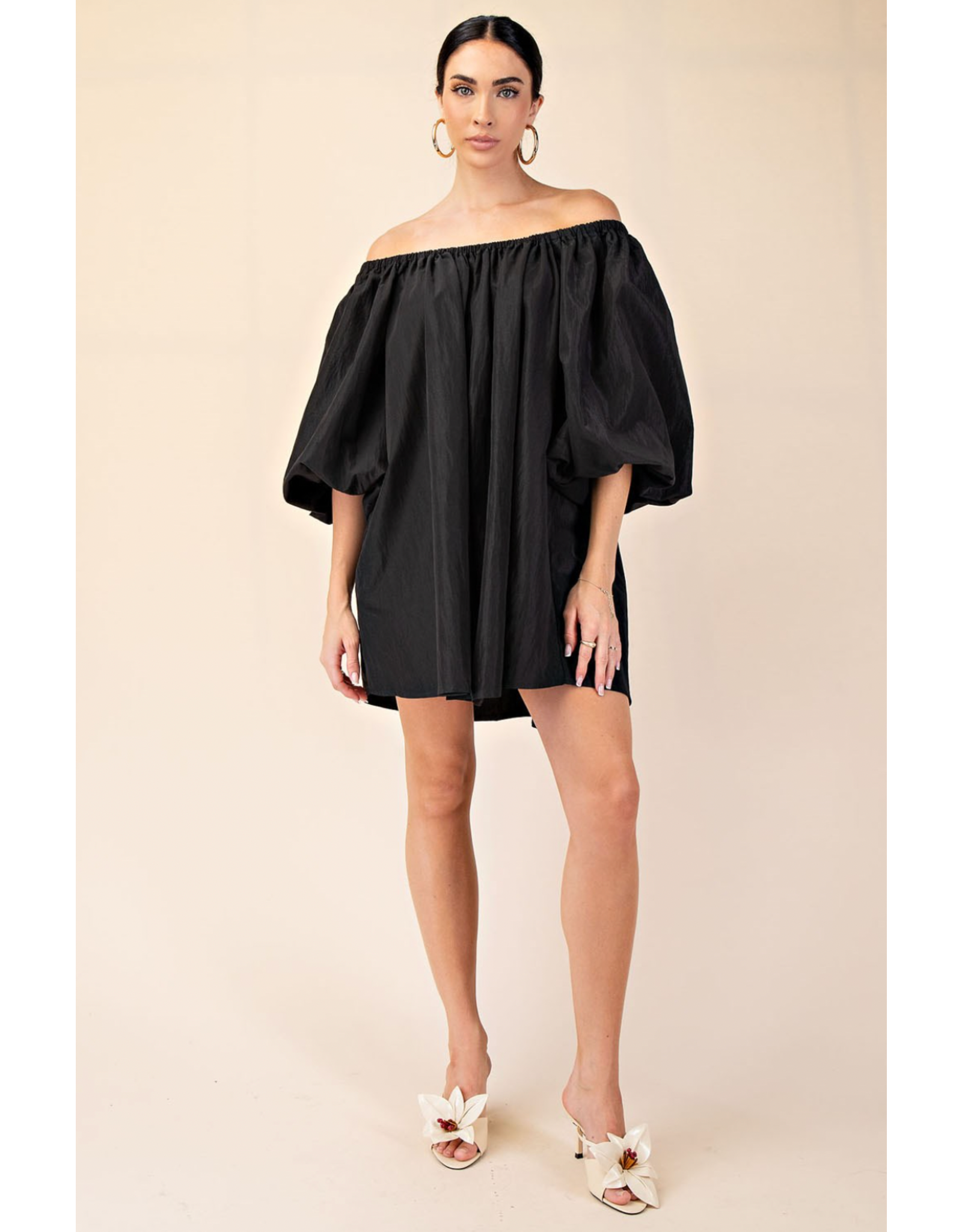 glam Puff-Sleeve Off-The-Shoulder Mini Dress (Black)