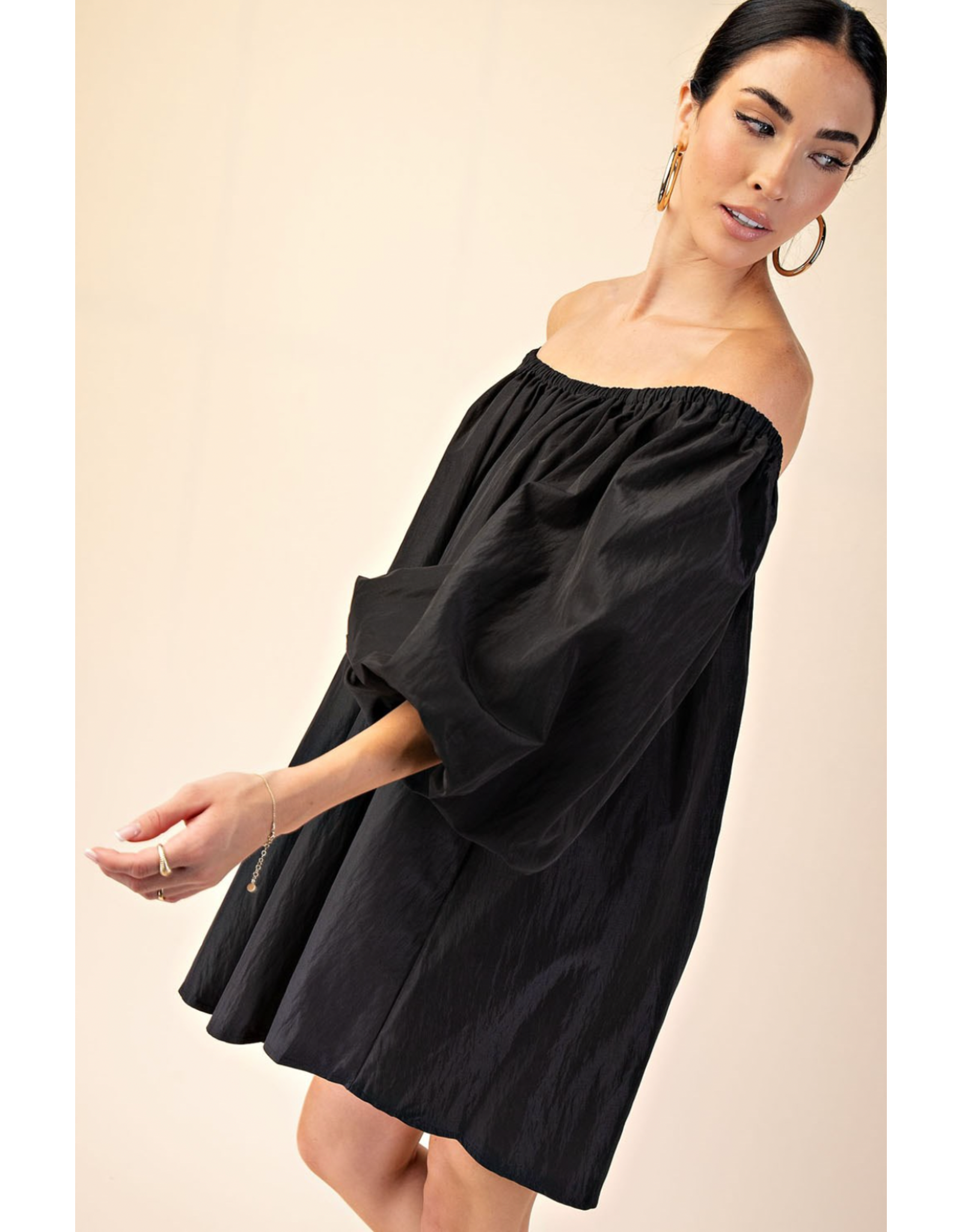 glam Puff-Sleeve Off-The-Shoulder Mini Dress (Black)