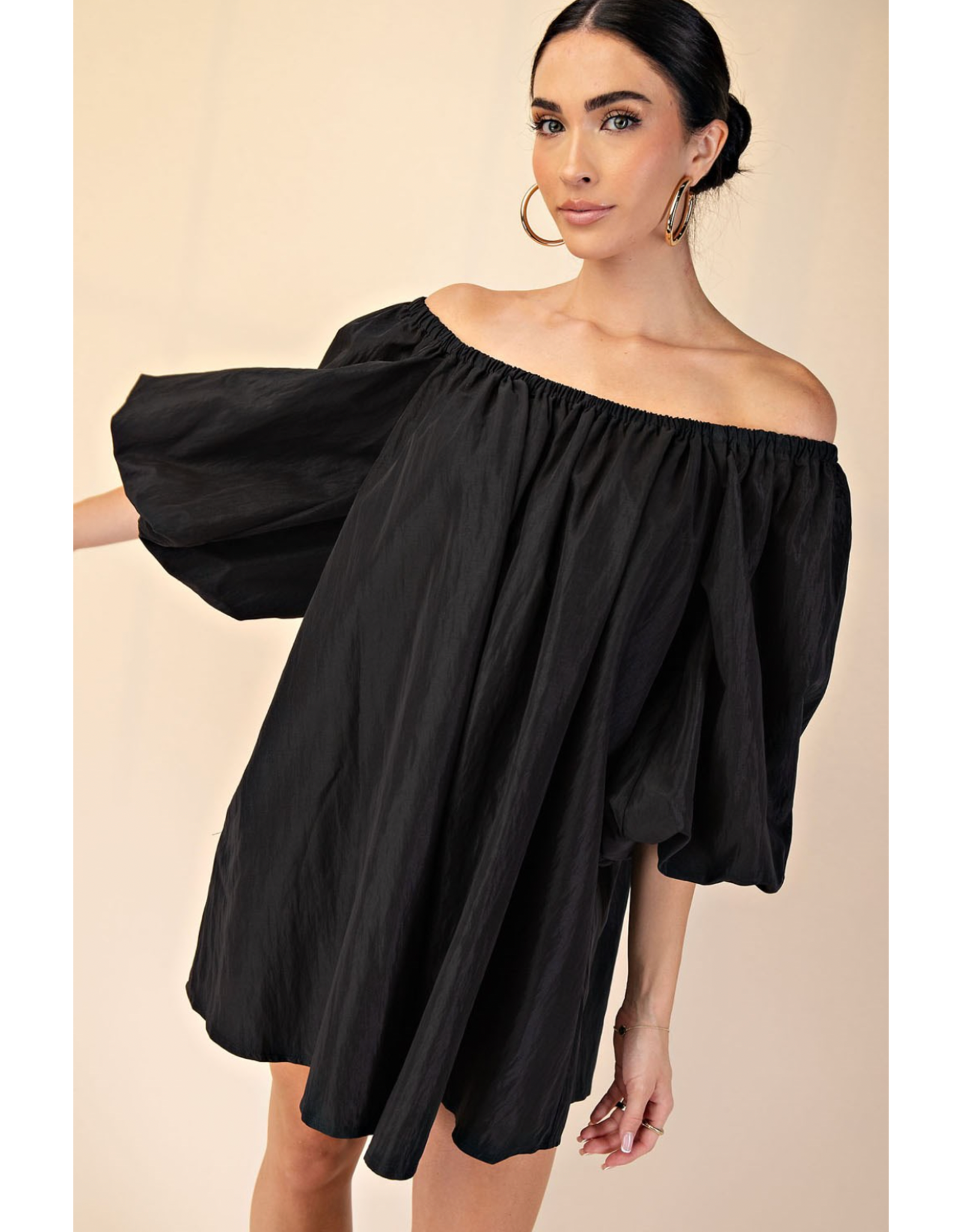 glam Puff-Sleeve Off-The-Shoulder Mini Dress (Black)