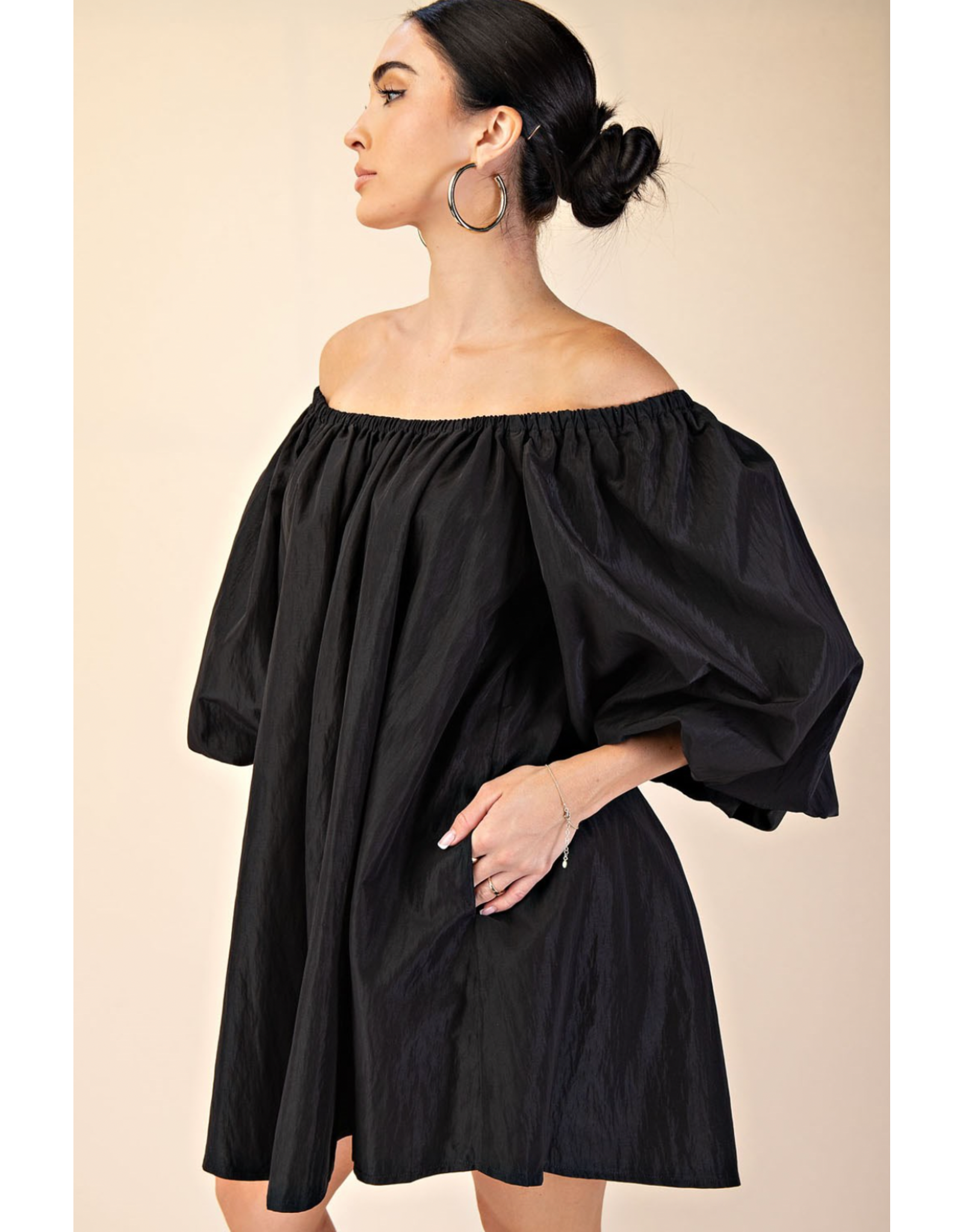 glam Puff-Sleeve Off-The-Shoulder Mini Dress (Black)