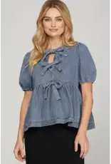 She + Sky Puff Sleeve Denim Top with Bows