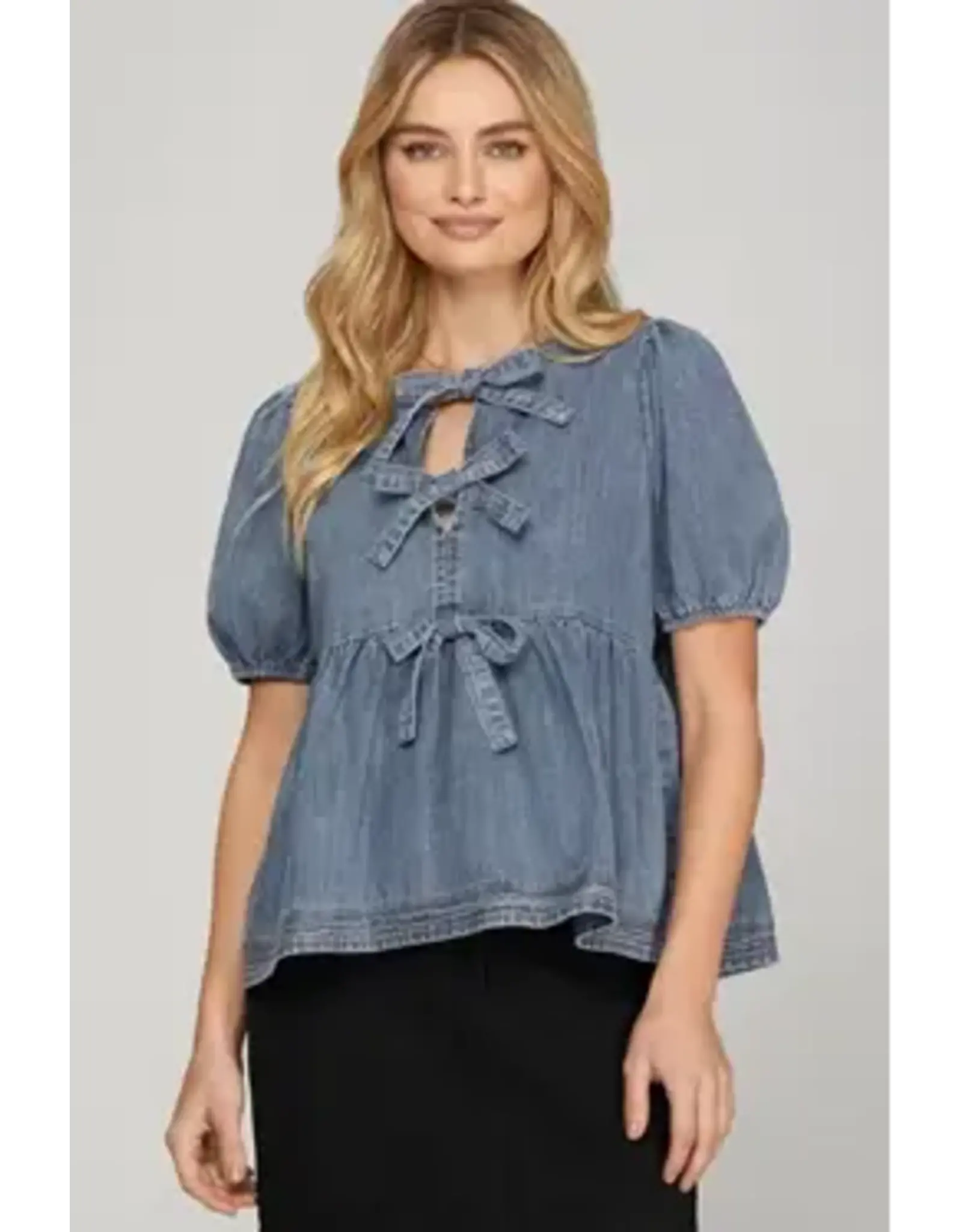 She + Sky Puff Sleeve Denim Top with Bows