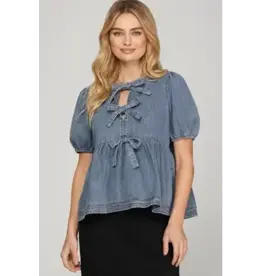 She + Sky Puff Sleeve Denim Top with Bows