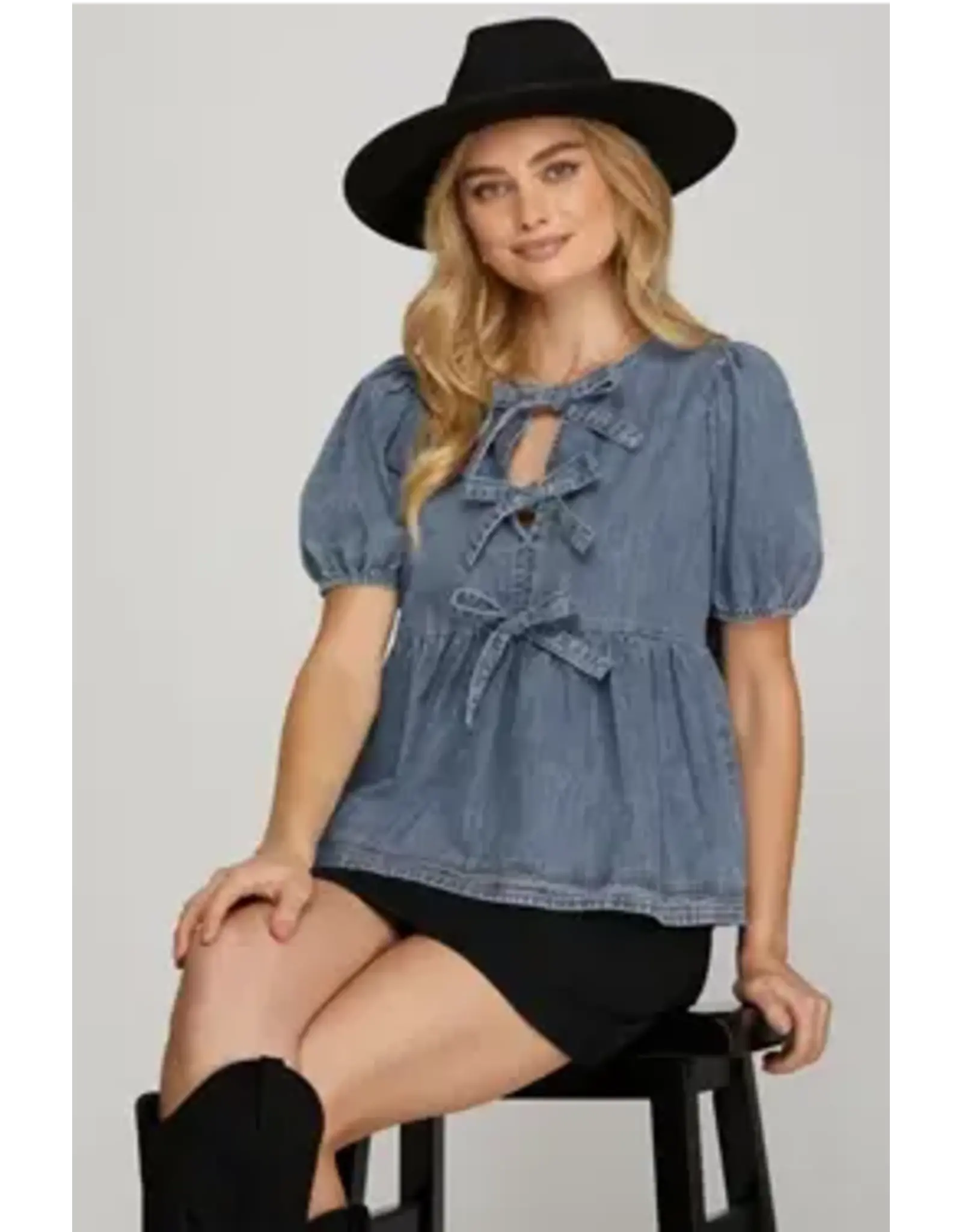 She + Sky Puff Sleeve Denim Top with Bows