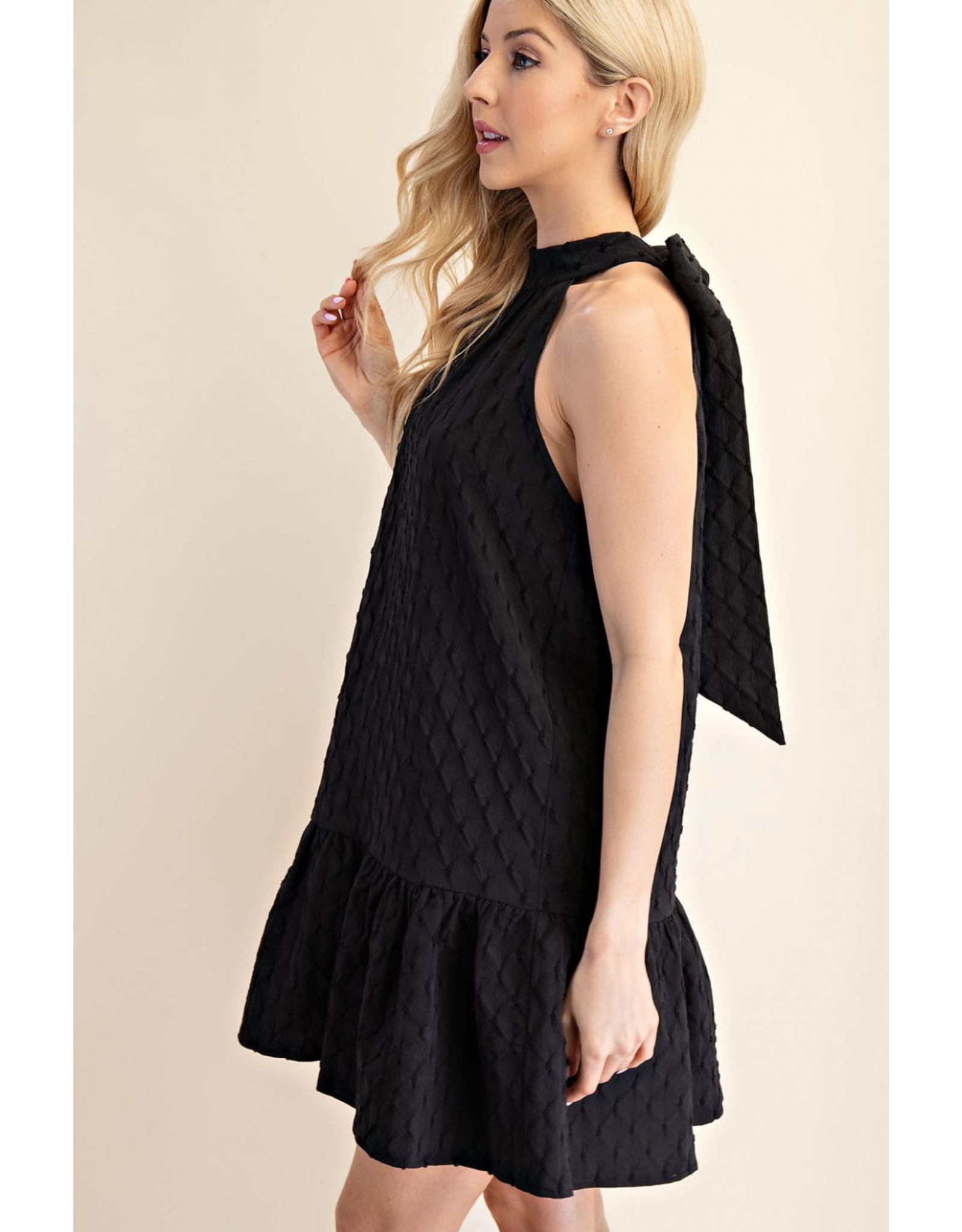 glam Neck and Bow Mini Dress (Black)