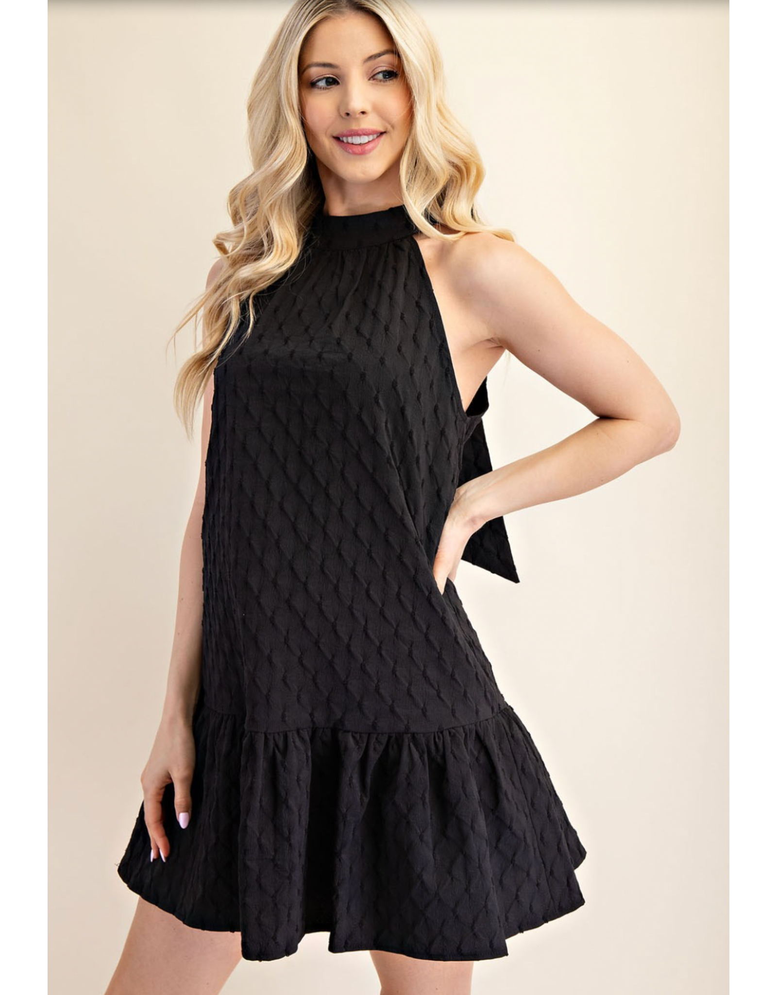 glam Neck and Bow Mini Dress (Black)