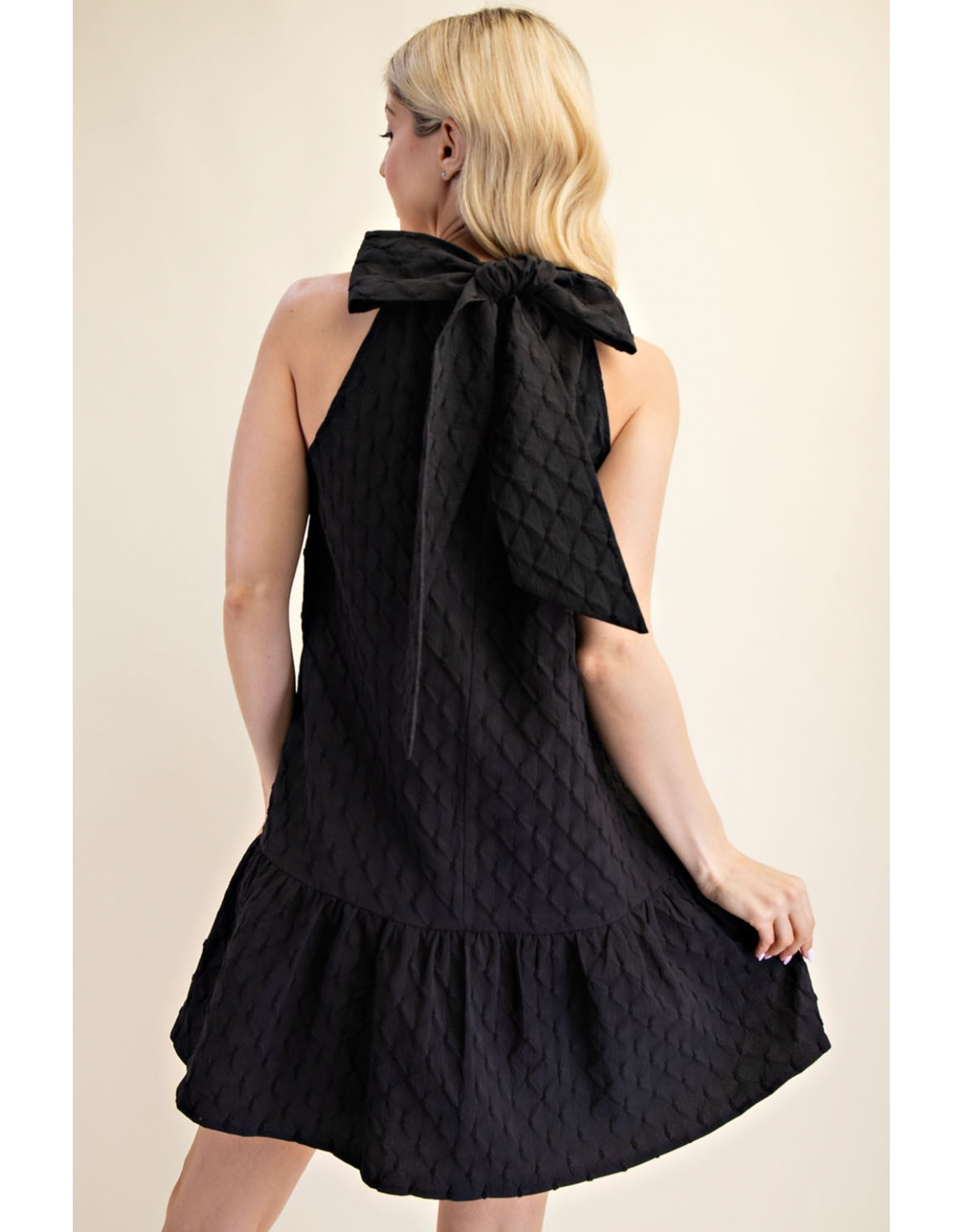 glam Neck and Bow Mini Dress (Black)