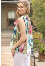 Voy Floral Print Sleeveless Pleated Top (Green)