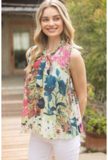 Voy Floral Print Sleeveless Pleated Top (Green)