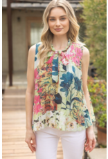Voy Floral Print Sleeveless Pleated Top (Green)
