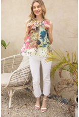 Voy Floral Print Sleeveless Pleated Top (Green)