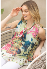 Voy Floral Print Sleeveless Pleated Top (Green)