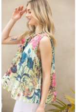 Voy Floral Print Sleeveless Pleated Top (Green)
