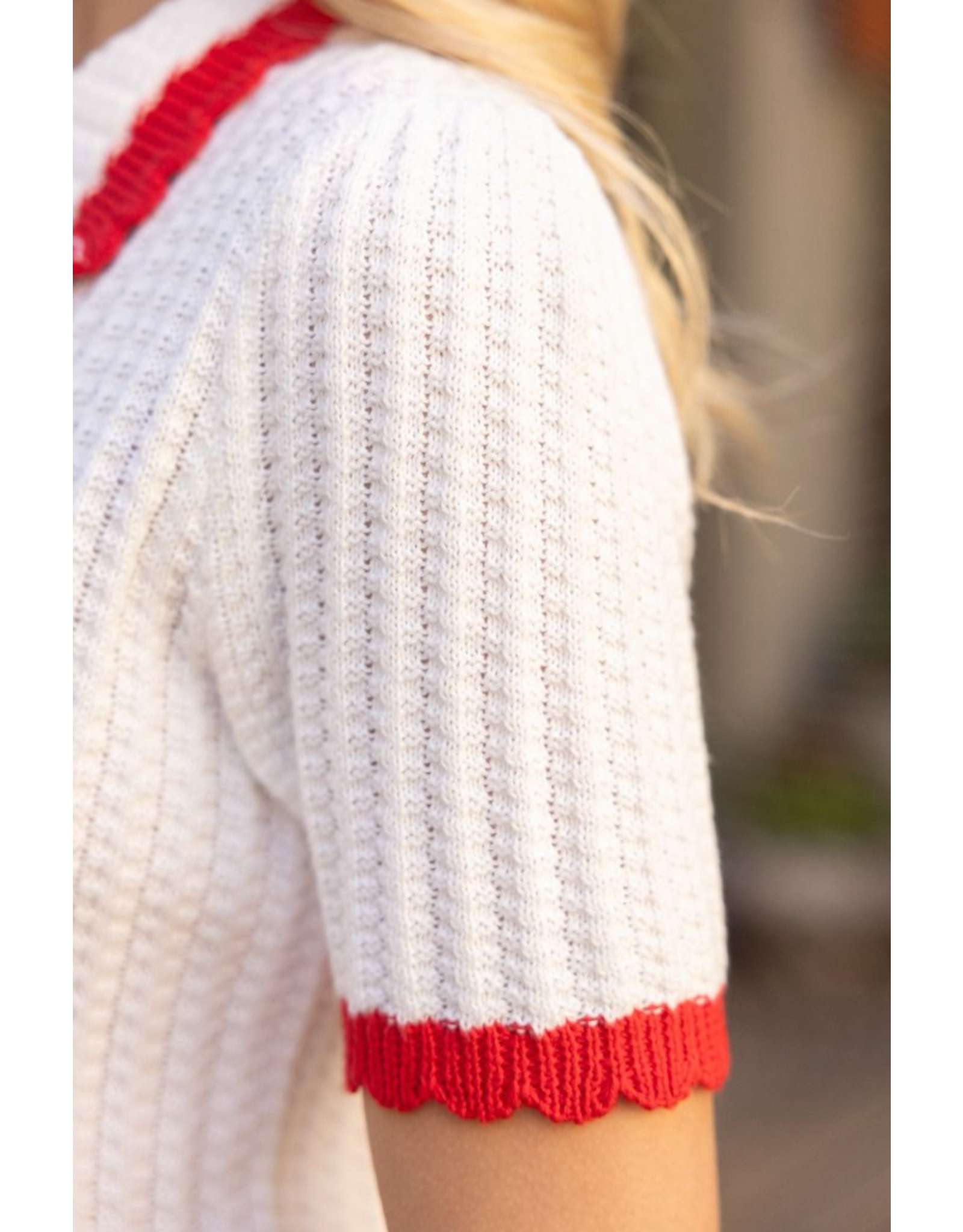 Voy Scalloped Knit Top with Pearl Button Accent