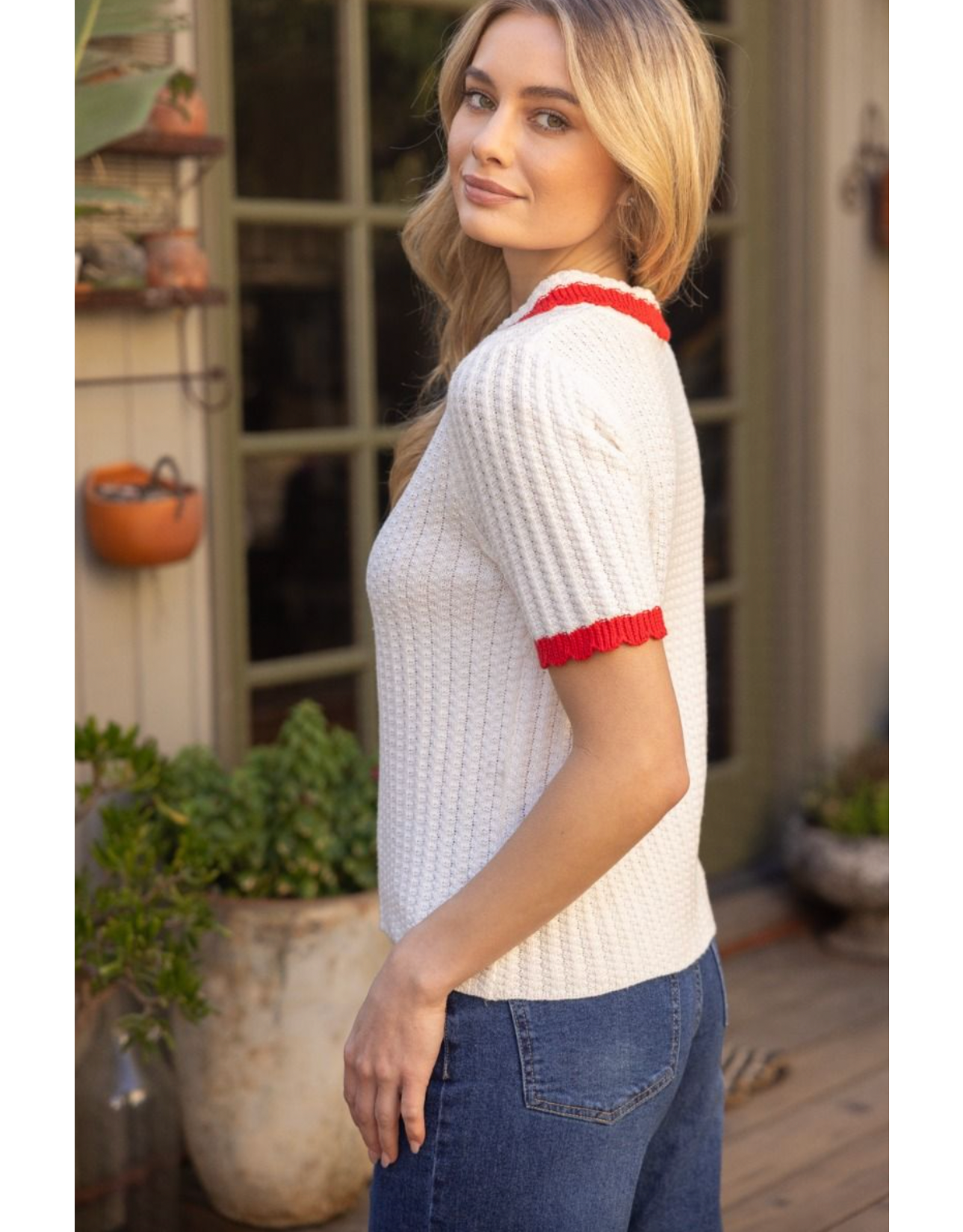 Voy Scalloped Knit Top with Pearl Button Accent