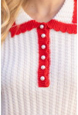 Voy Scalloped Knit Top with Pearl Button Accent
