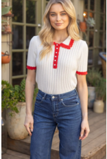 Voy Scalloped Knit Top with Pearl Button Accent