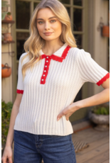Voy Scalloped Knit Top with Pearl Button Accent