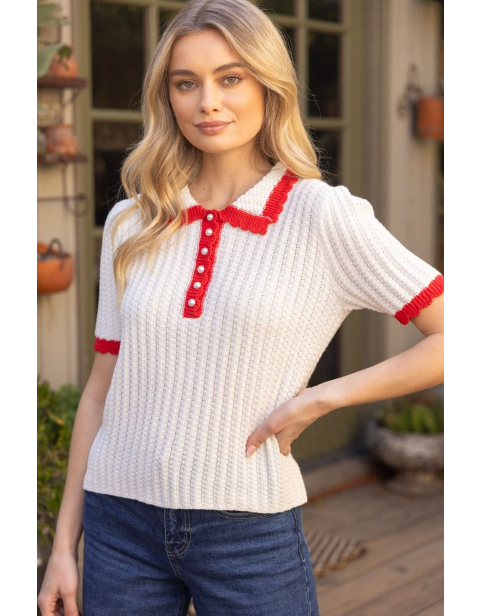 Voy Scalloped Knit Top with Pearl Button Accent