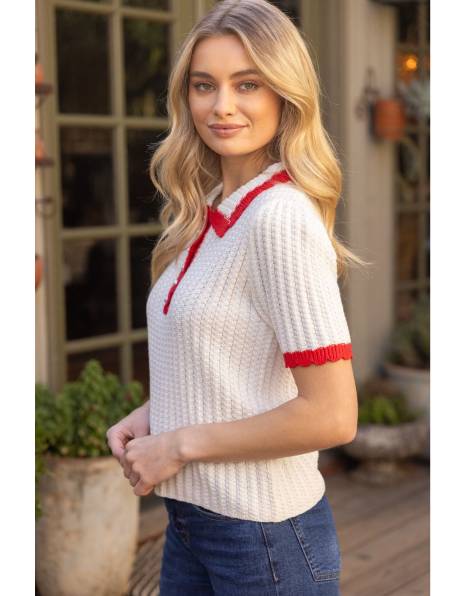 Voy Scalloped Knit Top with Pearl Button Accent