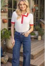 Voy Scalloped Knit Top with Pearl Button Accent