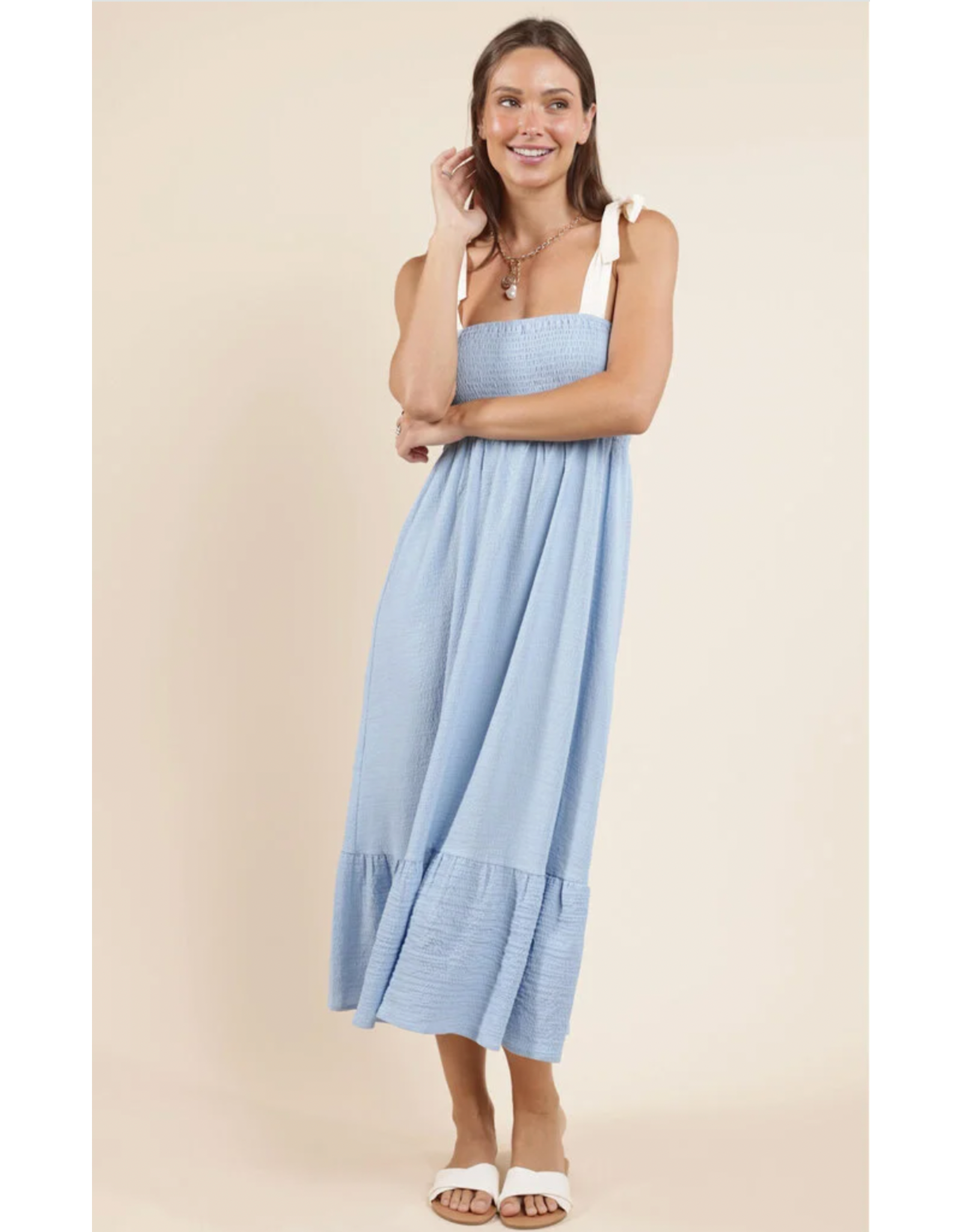 Sadie & Sage Sadie & Sage - Delilah Contrast Tie Strap Smocked Midi Dress (Sky Blue Cream)