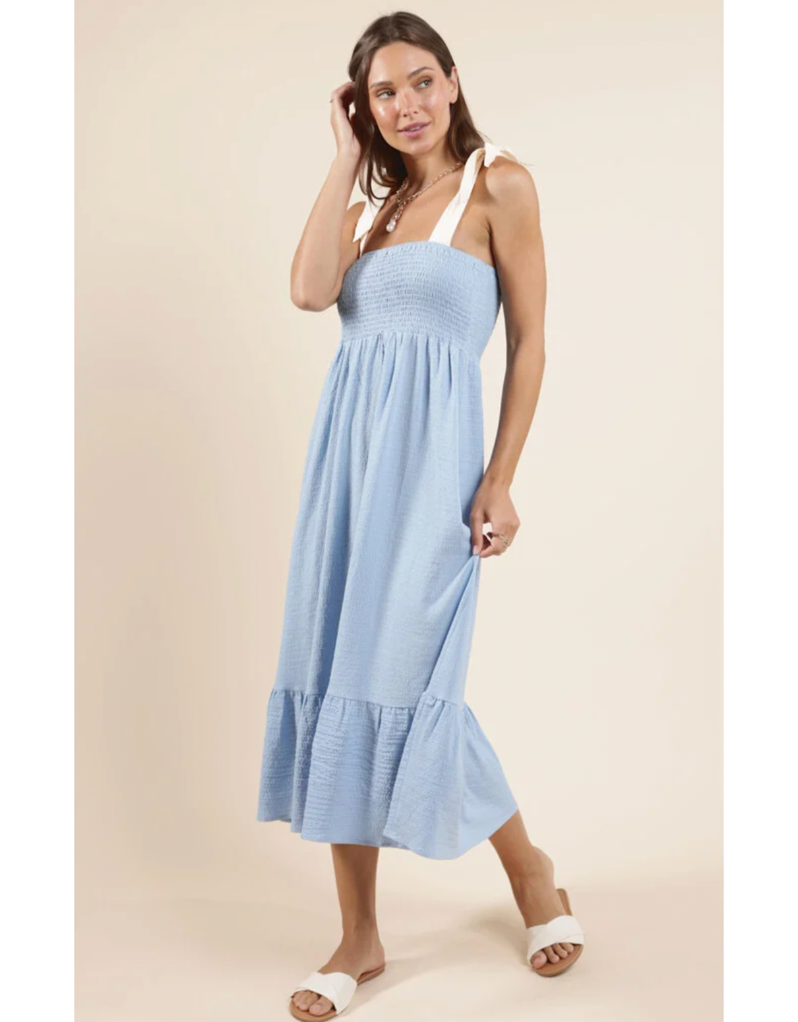 Sadie & Sage Sadie & Sage - Delilah Contrast Tie Strap Smocked Midi Dress (Sky Blue Cream)