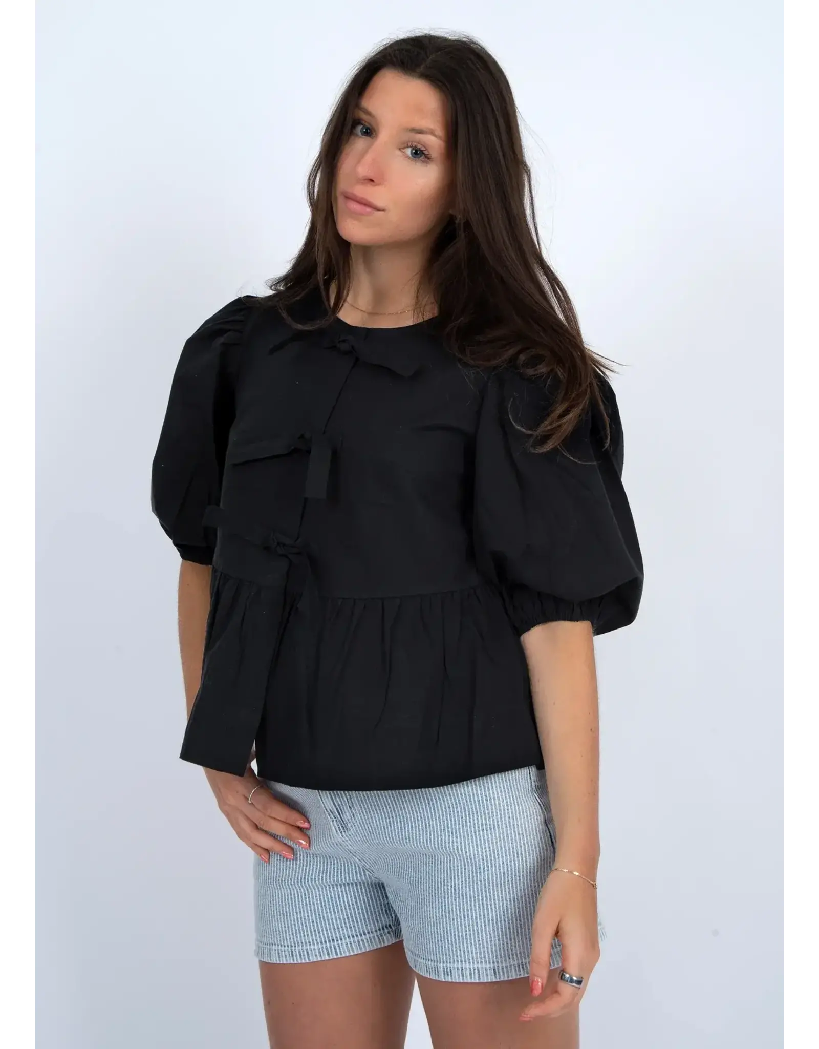 RD Style RD Style - Tally Puff Sleeve Front Tie Shirt (Black)