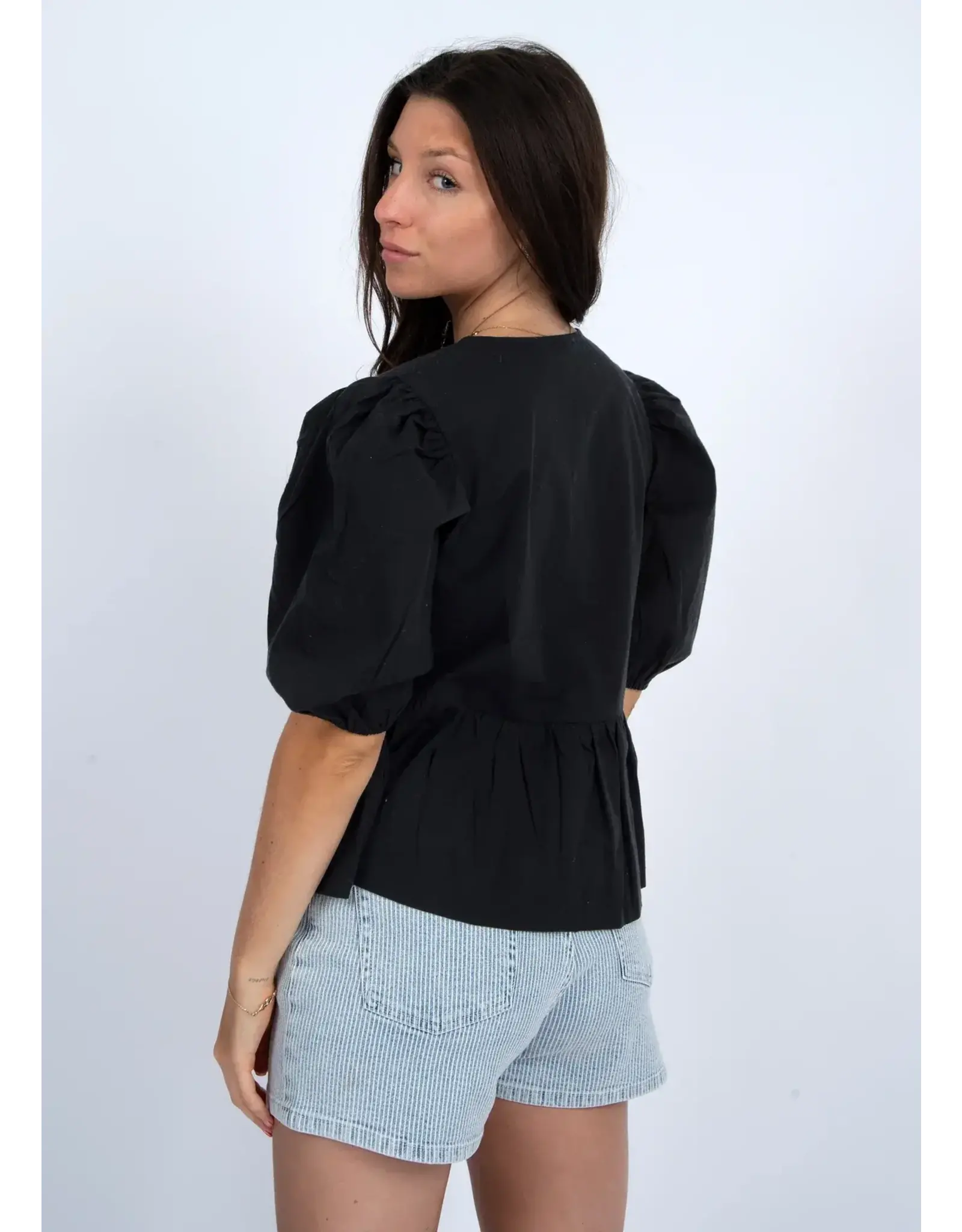 RD Style RD Style - Tally Puff Sleeve Front Tie Shirt (Black)